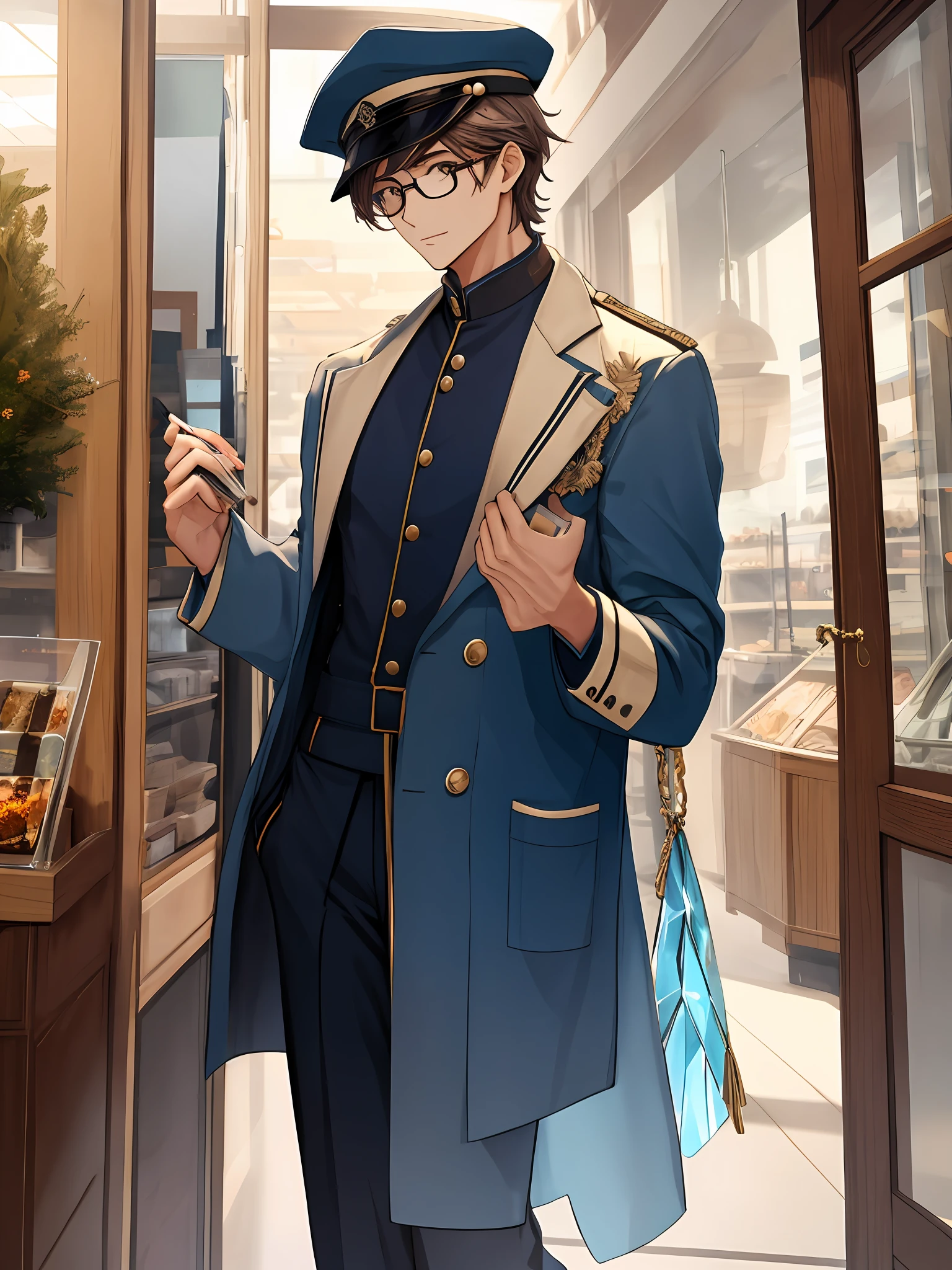 A young man, dressed in a crisp blue uniform and wearing a matching cap, stands at the entrance of the shop. He has a tall, slender figure, standing upright with grace. His face exudes a delicate handsomeness, and his overall demeanor is polite and refined. A pair of frameless crystal lenses rest on his nose, adding a touch of scholarly charm to his appearance.