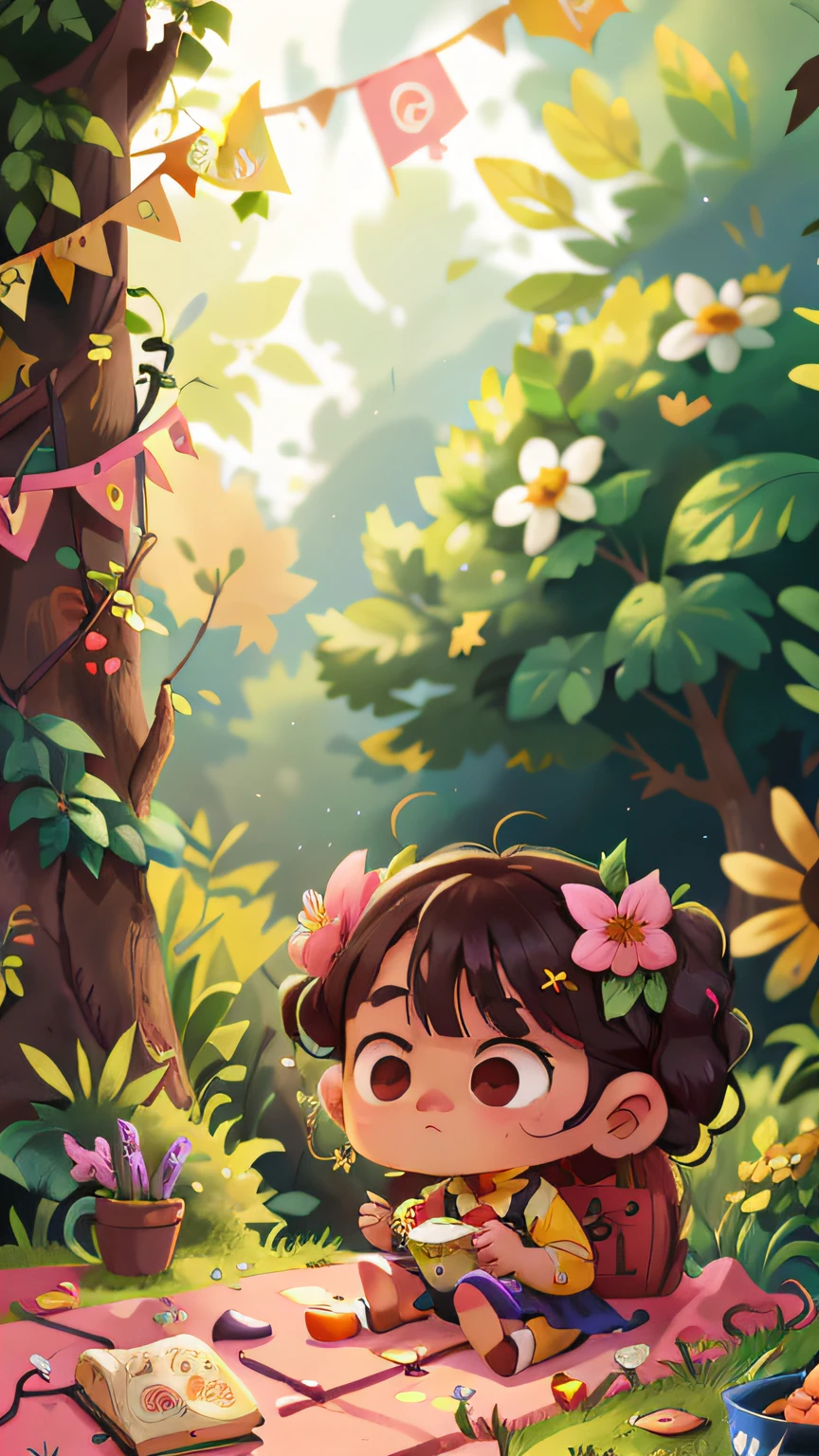 A girl in a garland sits in the garden，Drinking tea，Dance，She wears pink，having fun，，Side view of the scene，Perfect quality，Clear focus（mess - house：0.8），（tmasterpiece：1.2） （realisticlying：1.2） （Bokeh） （best qualtiy） （skin detailed：1.3） （complexdetails） （8K） （eye detailed） （sharp fokus），  （Unhappy）