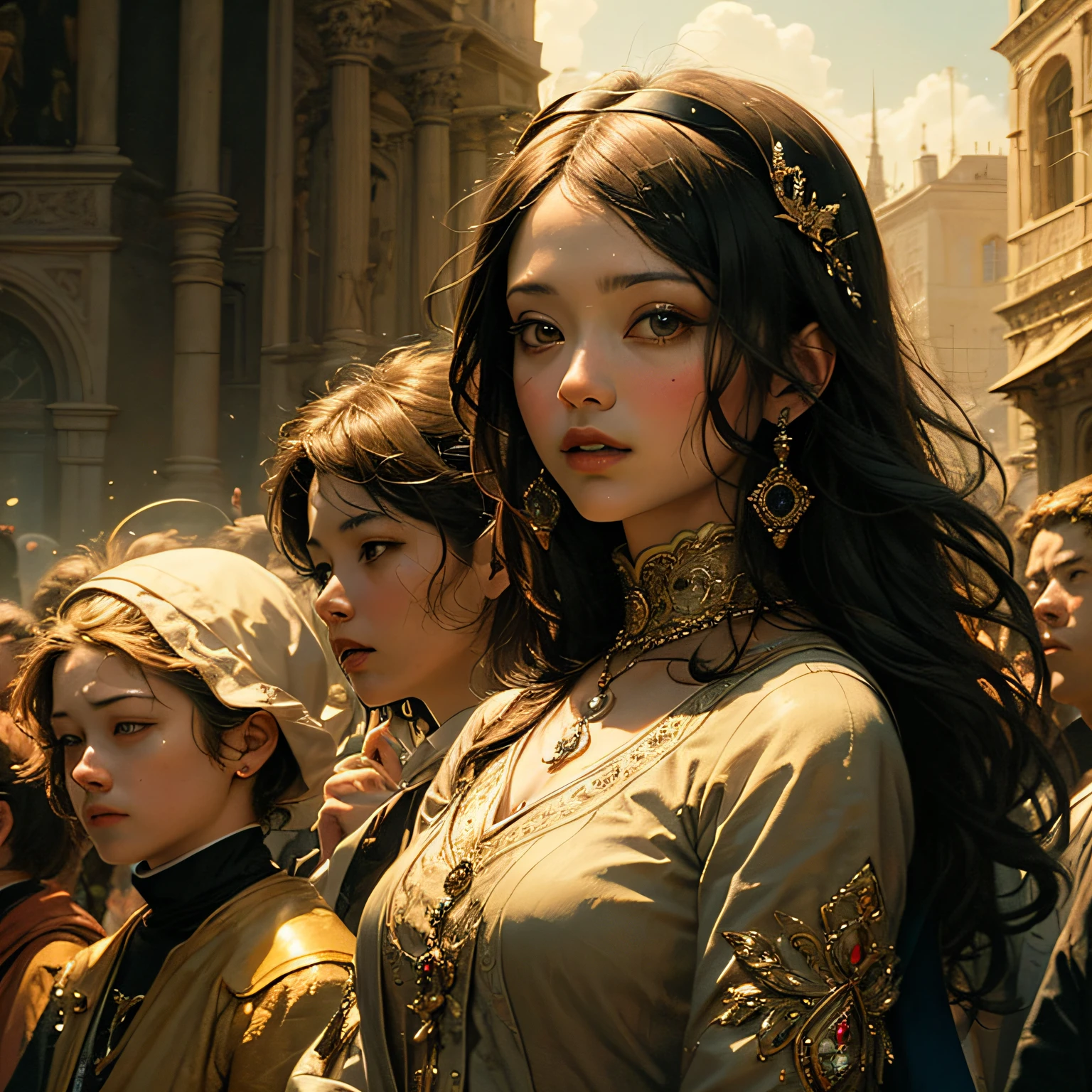 (Highly detailed Renaissance painting)、masterpiece、top-quality、ultra-detailliert、hight resolution、The best lighting、floating、dynamic ungle、(teens girl)、(Two people)、(Dramatic lighting)、(Rich color scheme)、(More on glamorous backgrounds)、(Faithful portrait-like depiction)、(Religious themes)、(Era-accurate clothing and objects)、(Beautiful and textured skin and hair)。stele、short-cut --auto