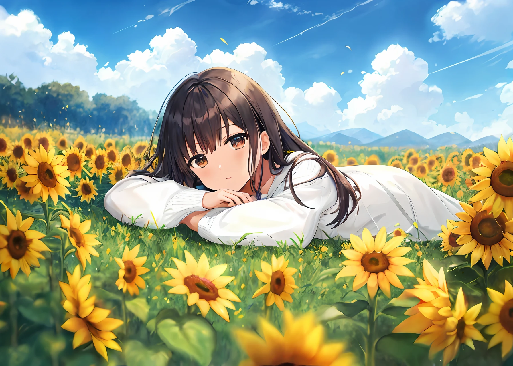 Anime girl lying in a field of sunflowers with her arms crossed, anime girassol bonita, cena: field of sunflowers, cena : field of sunflowers, em um campo de flores, visual anime de uma meninao, Menina flutum um campo de flores, sentado em um campo de flores, anime moe artstyle, Papel de parede anime 4k, arte cg anime suave, Anime Art Wallpaper 8K