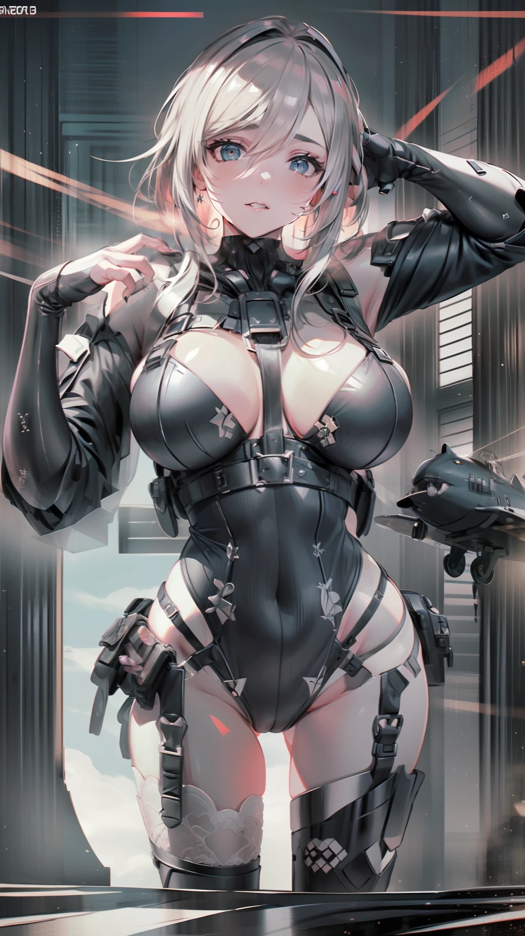 ((Best quality)), ((masterpiece)), (detailed: 1.4), (Absurd), Woman body set thick thighs parts of the covered by technological clothing, (((large breasts)) perfect, generous neckline, pastel, white mohawk hair with locks, red, short underwear, garter belt, by mucha, niji, close to real, best quality, almost naked, psychopath, crazy face, action pose, harlequin, cat eyes, starry night, P40 airplane imitating outfit, P40 WWII plane shark mouth, dragon tattoos on arms, dark blue bra with white stars, stars covering breasts, HDR (High Dynamic Range),Ray Tracing,NVIDIA RTX,Super-Resolution,Unreal 5,Subsurface dispersion, PBR texture, Post-processing, Anisotropic filtering, Depth of field, Maximum clarity and sharpness, Multilayer textures, Albedo and specular maps, Surface shading, Accurate simulation of light-material interaction, Perfect proportions, Octane Render, Two-tone lighting, Wide aperture, Low ISO, White balance, Rule of thirds, 8K RAW