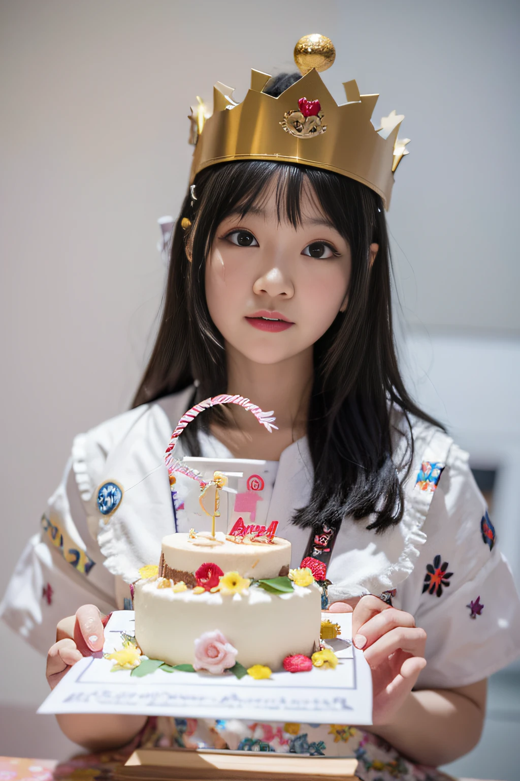 Woman with cake，There is a crown on it, happy birthay, Holding a birthday cake, Anime girl in real life, Junko Enoshima, with crown, portrait of a japanese teen, wearing a paper crown, tzuyu from twice, belle delphine, author：Ayami Kojima, taken with canon eos 5 d mark iv, chiho, The birthday cake