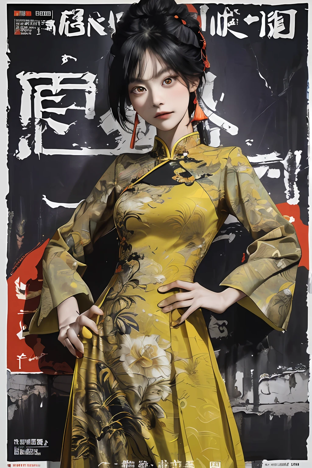 ((((Dramatic))), (((grittiness))), (((Intense))) The movie poster features a young woman as the central character。She stands confidently in the center of the poster，Wear Chinese warrior clothing，with a determined expression on her face。The background is dark and gritty，There is a sense of danger and a strong feeling。The text is bold and eye-catching，With catchy slogans，Adds to the overall drama and excitement。The color palette is dominated by dark colors，Dotted with bright colors，Make the poster dynamic and visually striking，tachi-e (Magazines:1.3), (Cover-style:1.3), Fashionab, woman, vibrant, Outfit, posing on a, Front,rich colourful，dyna，Background with，Chinese elements，self-assured，Expressing the，halter，statement，Attachment，A majestic，coil，Runt，Touching pubic area，Scenes，text，Cover of a，boldness，attention-grabbing，