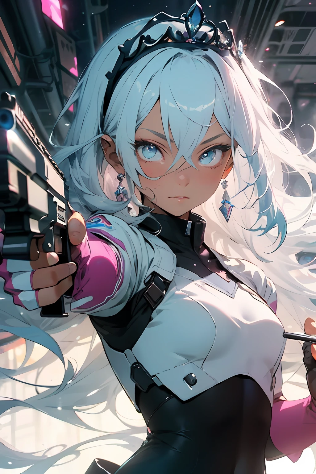 Pink elements,teens girl,White color hair,with long coiled hair,gentleness,realisticlying,(tmasterpiece,top Quority,best qualtiy,offcial art,Beauty and aesthetics:1.2),Armed with a firearm,blue color eyes,Genki,dyna,Jump shooting action。White delicate uniform,tight-fitting,Pure desire,Delicate pink tiara(abstract backgrounds:1.5)