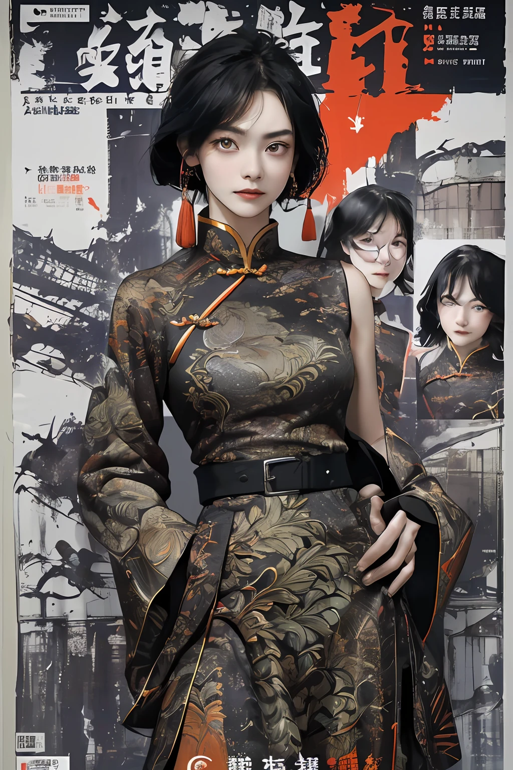 ((((Dramatic))), (((grittiness))), (((Intense))) The movie poster features a young woman as the central character。She stands confidently in the center of the poster，Wear Chinese warrior clothing，with a determined expression on her face。The background is dark and gritty，There is a sense of danger and a strong feeling。The text is bold and eye-catching，With catchy slogans，Adds to the overall drama and excitement。The color palette is dominated by dark colors，Dotted with bright colors，Make the poster dynamic and visually striking，tachi-e (Magazines:1.3), (Cover-style:1.3), Fashionab, woman, vibrant, Outfit, posing on a, Front,rich colourful，dyna，Background with，Chinese elements，self-assured，Expressing the，halter，statement，Attachment，A majestic，coil，Runt，Touching pubic area，Scenes，text，Cover of a，boldness，attention-grabbing，