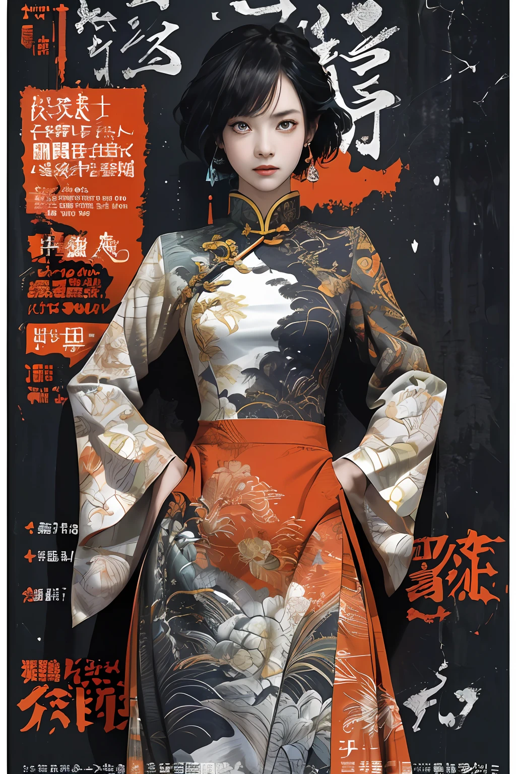 ((((Dramatic))), (((grittiness))), (((Intense))) The movie poster features a young woman as the central character。She stands confidently in the center of the poster，Wear Chinese warrior clothing，with a determined expression on her face。The background is dark and gritty，There is a sense of danger and a strong feeling。The text is bold and eye-catching，With catchy slogans，Adds to the overall drama and excitement。The color palette is dominated by dark colors，Dotted with bright colors，Make the poster dynamic and visually striking，tachi-e (Magazines:1.3), (Cover-style:1.3), Fashionab, woman, vibrant, Outfit, posing on a, Front,rich colourful，dyna，Background with，Chinese elements，self-assured，Expressing the，halter，statement，Attachment，A majestic，coil，Runt，Touching pubic area，Scenes，text，Cover of a，boldness，attention-grabbing，