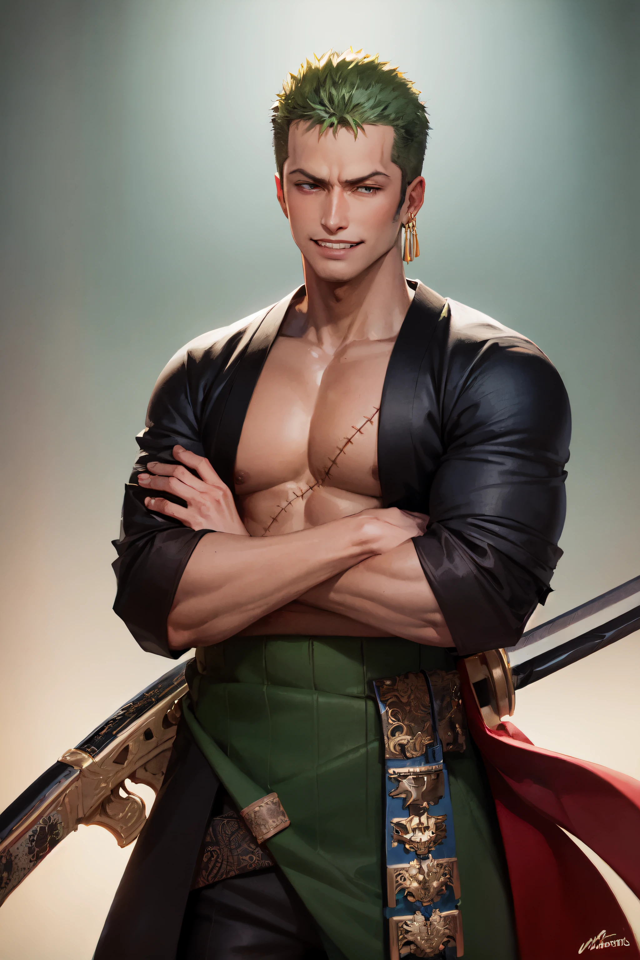 (masterpiece, best quality:1.2), cowboy shot, solo, male focus, 1boy, roronoa zoro, scar, muscular male, grin, looking at viewer, (dual wielding:1.2) katanas, crossed arms, japanese clothes, green kimono