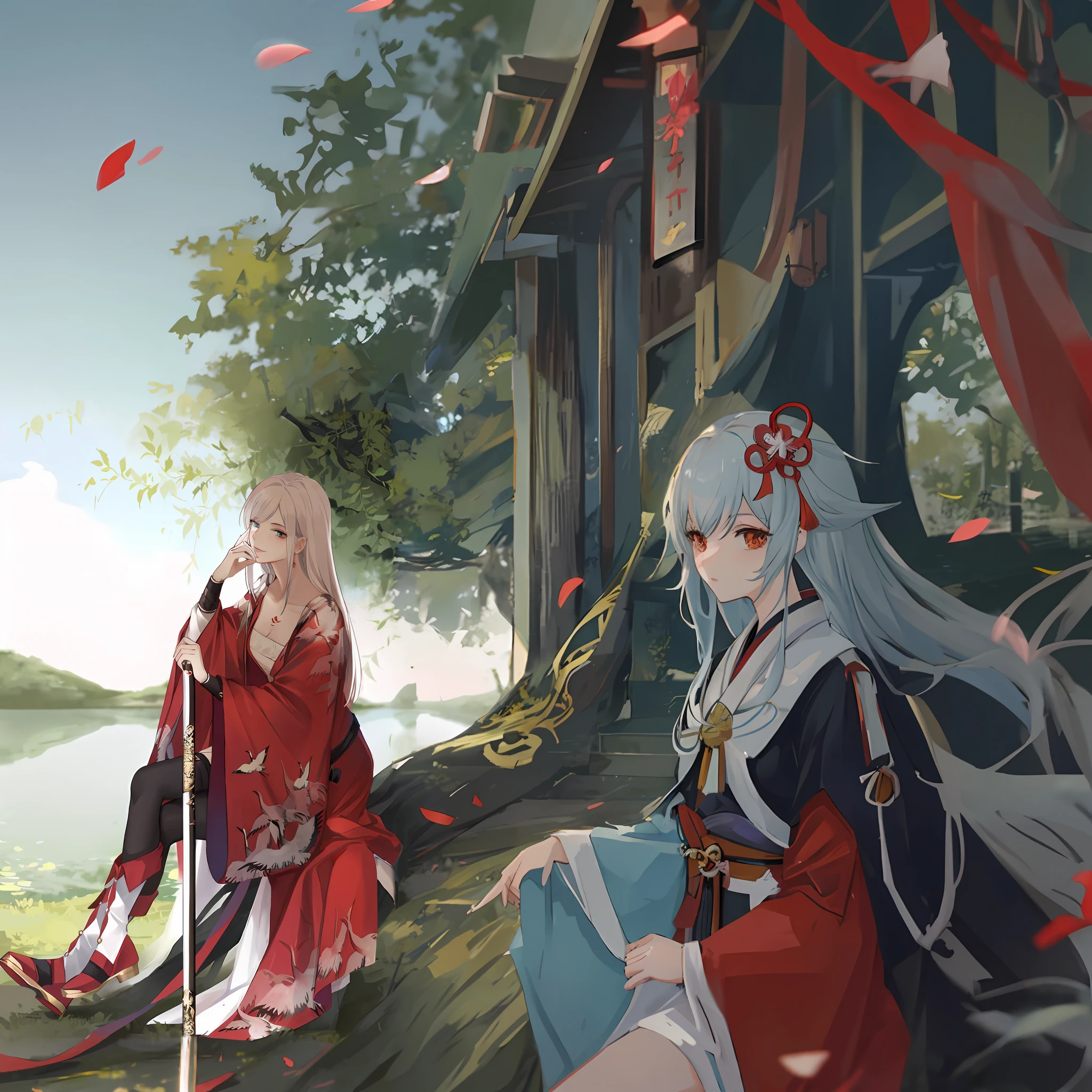 Anime girl in red kimono sitting on a tree with a sword, raposa nobushi segurando uma naginata, delicate androgynous prince, por Yang J, haruno sakura, Keqing de Genshin Impact, flowing hair and long robes, Xianxia de corpo inteiro, Beautiful androgynous prince, Guweiz, raposa nobushi