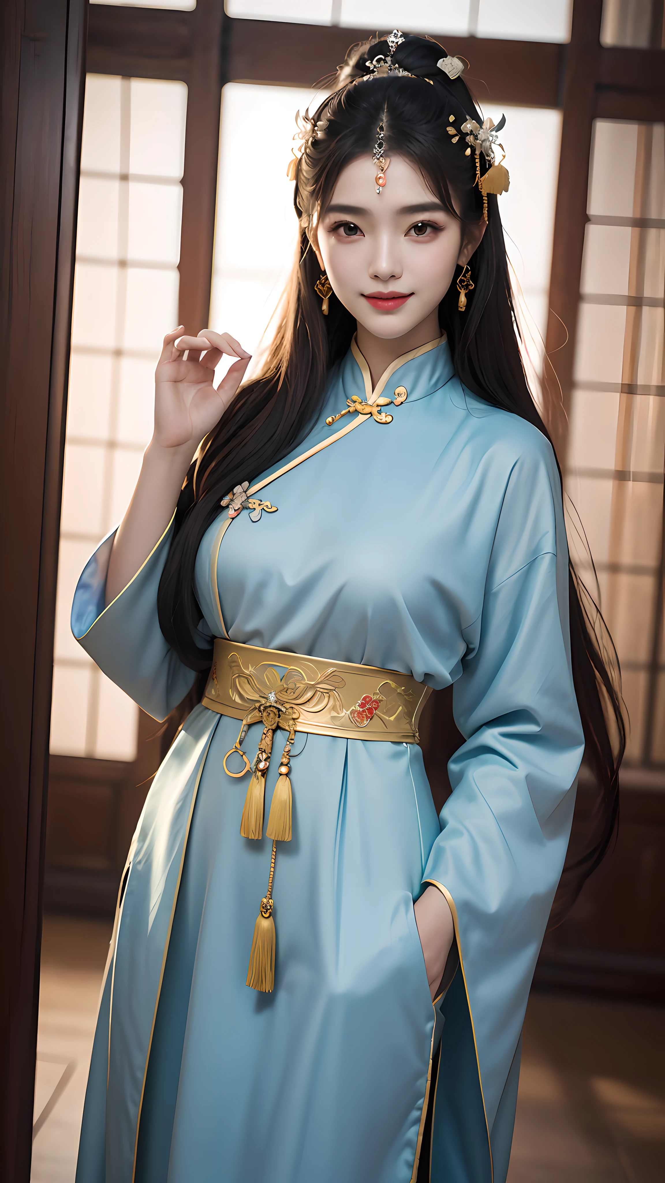 Best quality, masterpiece, ultra high res, photorealistic, (full shot:1.5), (1 girl),(long hair),(hair ornament:1.4),there is an ancient palace beside the girl, traditional chinese clothing, sharp focus, great body, random pose reference, monolid eyes, high bridged pointed nose, v-shaped face, pale skin, smile, bokeh