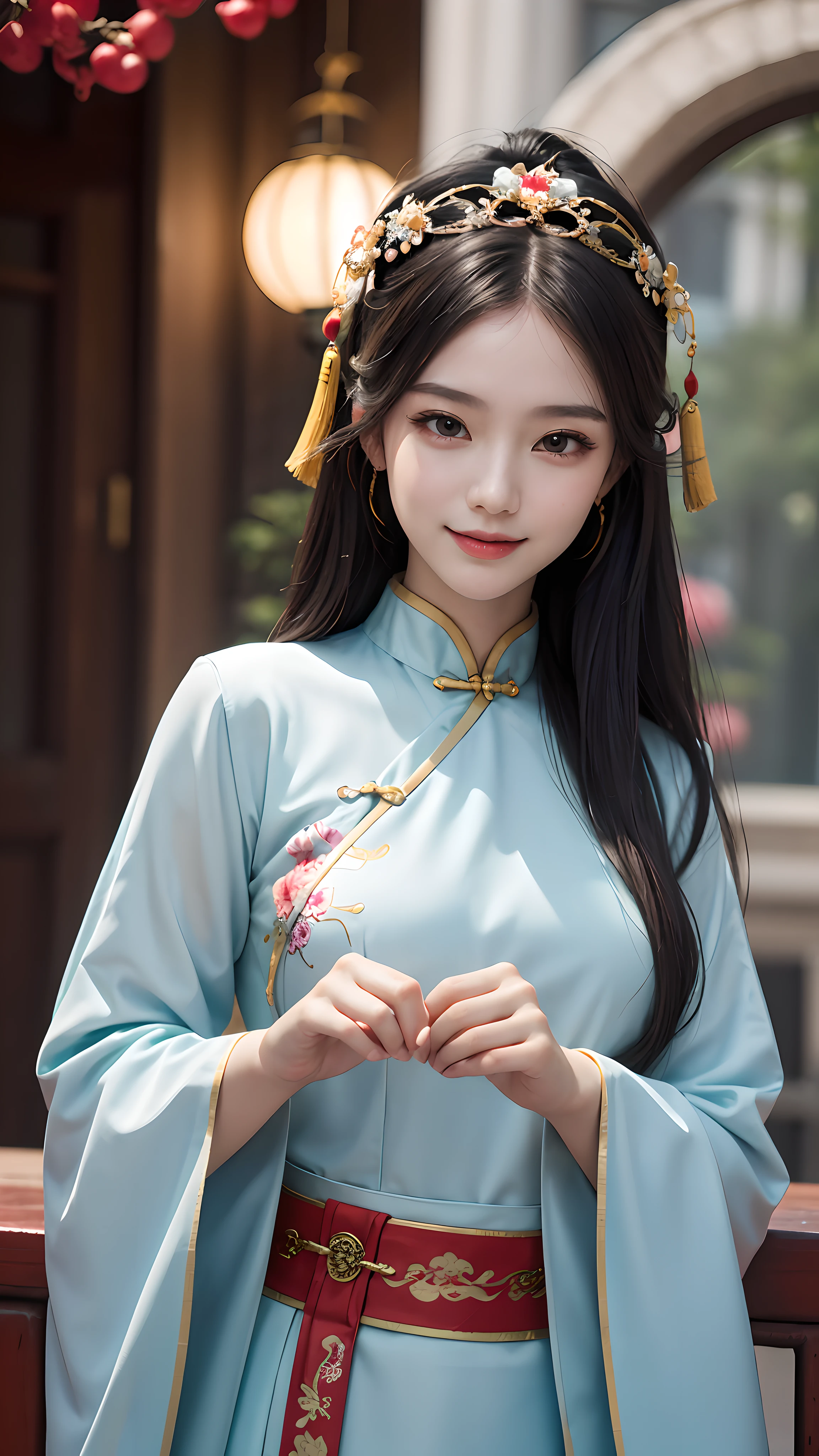 Best quality, masterpiece, ultra high res, photorealistic, (full shot:1.5), (1 girl),(long hair),(hair ornament:1.4),there is an ancient palace beside the girl, traditional chinese clothing, sharp focus, great body, random pose reference, monolid eyes, high bridged pointed nose, v-shaped face, pale skin, smile, bokeh
