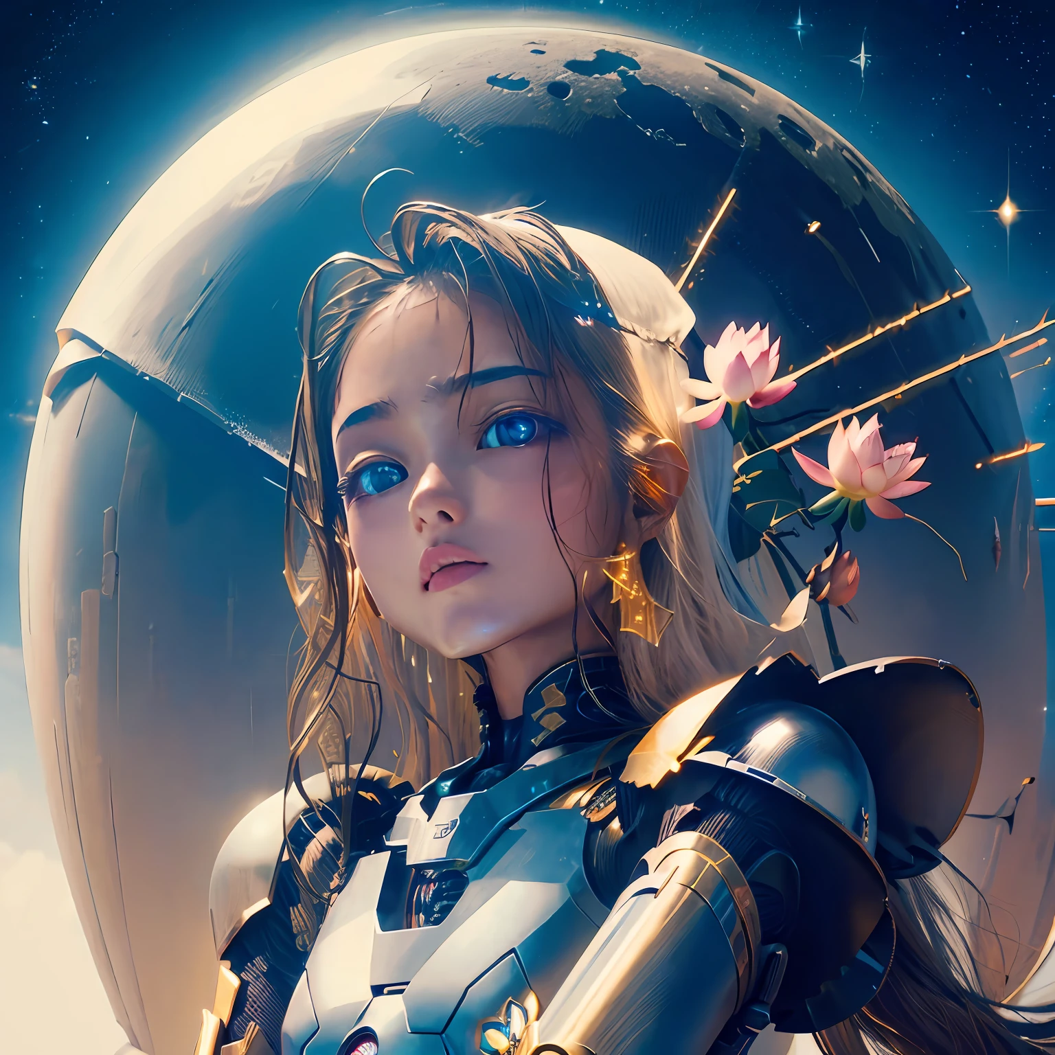 The robot is semi-metallic，Shiny，Half is the face of a girl lost in thought，The girl's eyes are the appearance of stars，Supernatural art，Magnificent，full bodyesbian，Wielding a metal spear，The tip of the spear blooms with lotus flames，