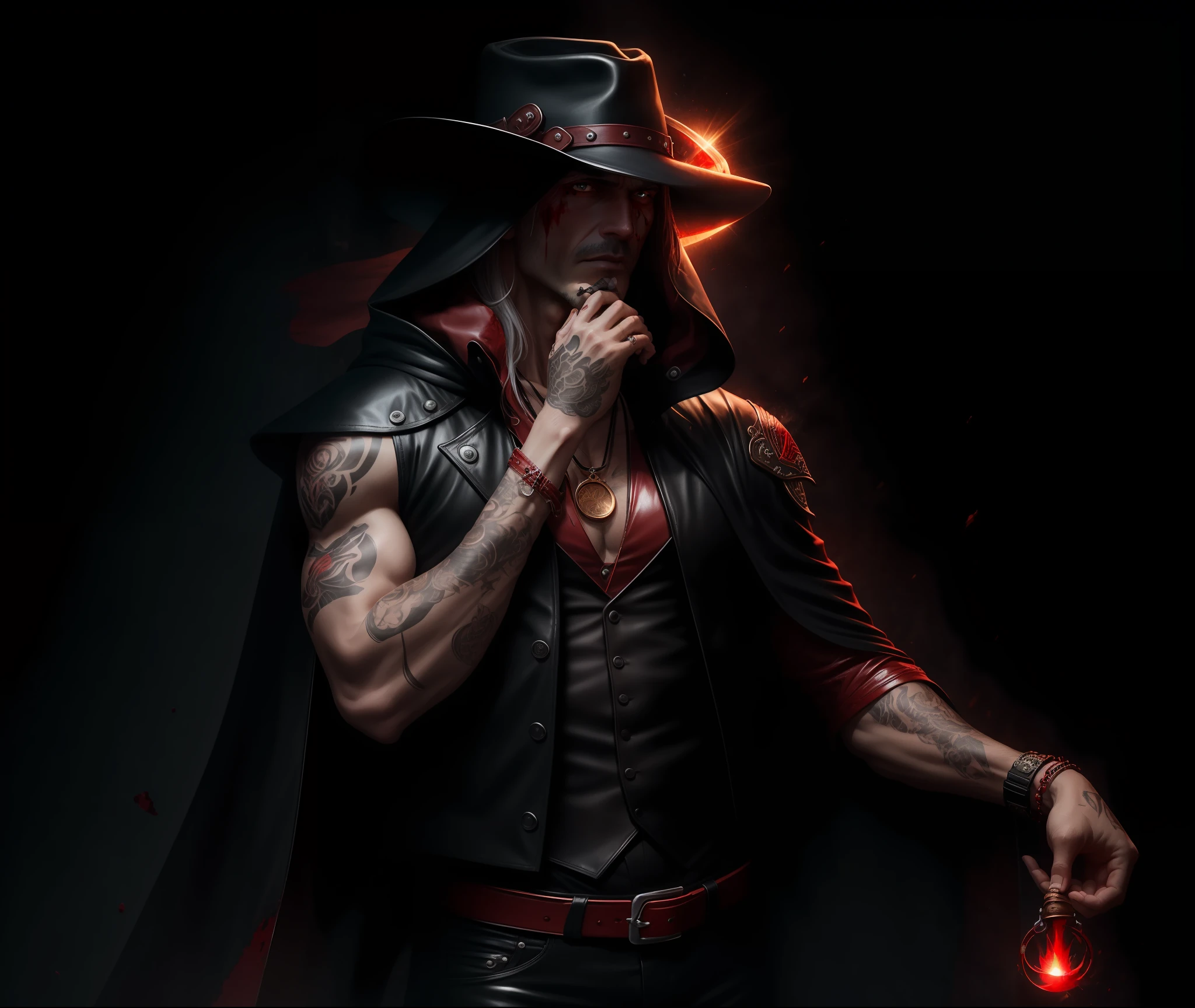 Cowboy black leather hat, white torn shoulder-length hair, White Skin Skin, Sunken eyes, red pupils, lips covered in blood, tattoos on arms, black leather raincoat, The cloak is open, red vest on the body, black leather pants, Black Strap, Buckle in the form of a bat, black leather whip in hand, Red pendant around the neck, bracelet on the wrist, Cowboy Vampire, Middle-aged man, stands, black backdrop, Red sunset, A beam of light far away, Cowboy style, cigar