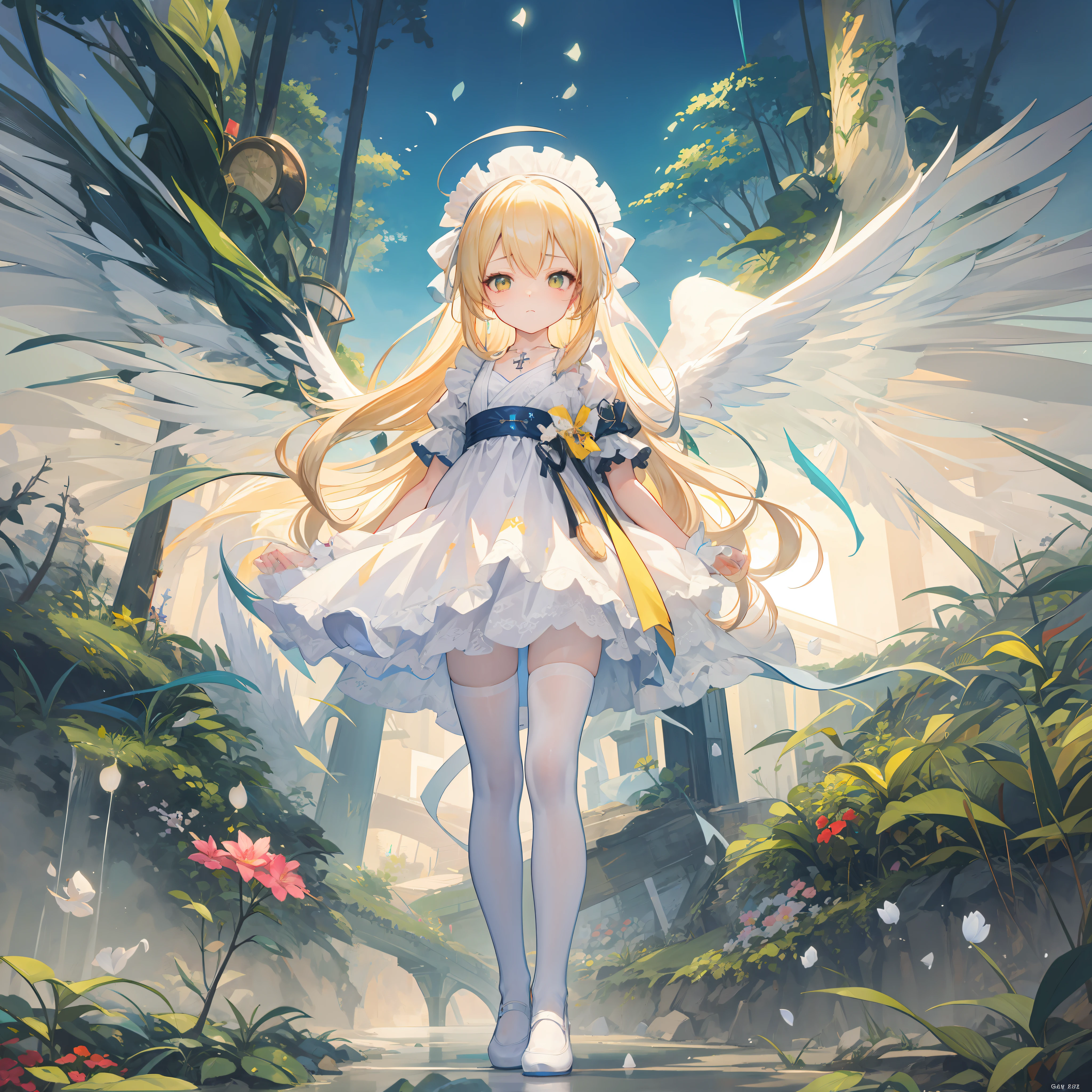 Anime girl standing on bridge in the forest with angel wings, Guweiz in Pixiv ArtStation, Guweiz on ArtStation Pixiv, full - body majestic angel, trending on artstation pixiv, beautiful fantasy anime, Anime fantasy illustration, high detailed official artwork, angelic purity, Anime fantasy artwork, Digital art on Pixiv, ethereal anime,Lolita Gothic,From the side Side,full body,Ray tracing,{Best quality}, {{Masterpiece}}, {A high resolution}, Original, Extremely detailed 8k wallpaper, 1girll, {An extremely delicate and beautiful},,incredibly_absurderes,Ray tracing,{Best quality}, {{Masterpiece}}, {A high resolution}, Original, Extremely detailed 8k wallpaper, {An extremely delicate and beautiful},,incredibly_absurderes,Colorful,intricately details,art book,,Perspective,very wide angle shot,Overall view,,aurora,Starry sky,clusters of stars,Starry sky,glistening stars,,forest,outline,fountain,Shop,Outdoors,east asian architecture,greco-roman architecture,restaurant,shanty townships/favela,,chies,A high resolution,Extremely detailed Cg Unity 8K wallpaper,Detailed manga illustrations,art of light novel,art of light novel,angel,Petite,Dragon girl,lolita fashion,Babe,ahoge,Blonde hair,Long hair,Blonde_Hair/Yellow_Eyes,looking at the distance,Closed mouth,standing,hide hand,Slim legs,Expressionless,Serious,Beautiful detailed eyes,Gothic_Lolita,Cloak cover,White skirt,Lolita Gothic,White pantyhose,white stockings,White_upper legs,Fine fabric emphasis,mary_janes,Cross necklace,ribbon,Hair ribbon,maid headdress,hair adornments,flat_chest,flat_chest,Ray tracing,Beautiful detailed sky,Masterpiece,Clear picture,Pedras preciosas,