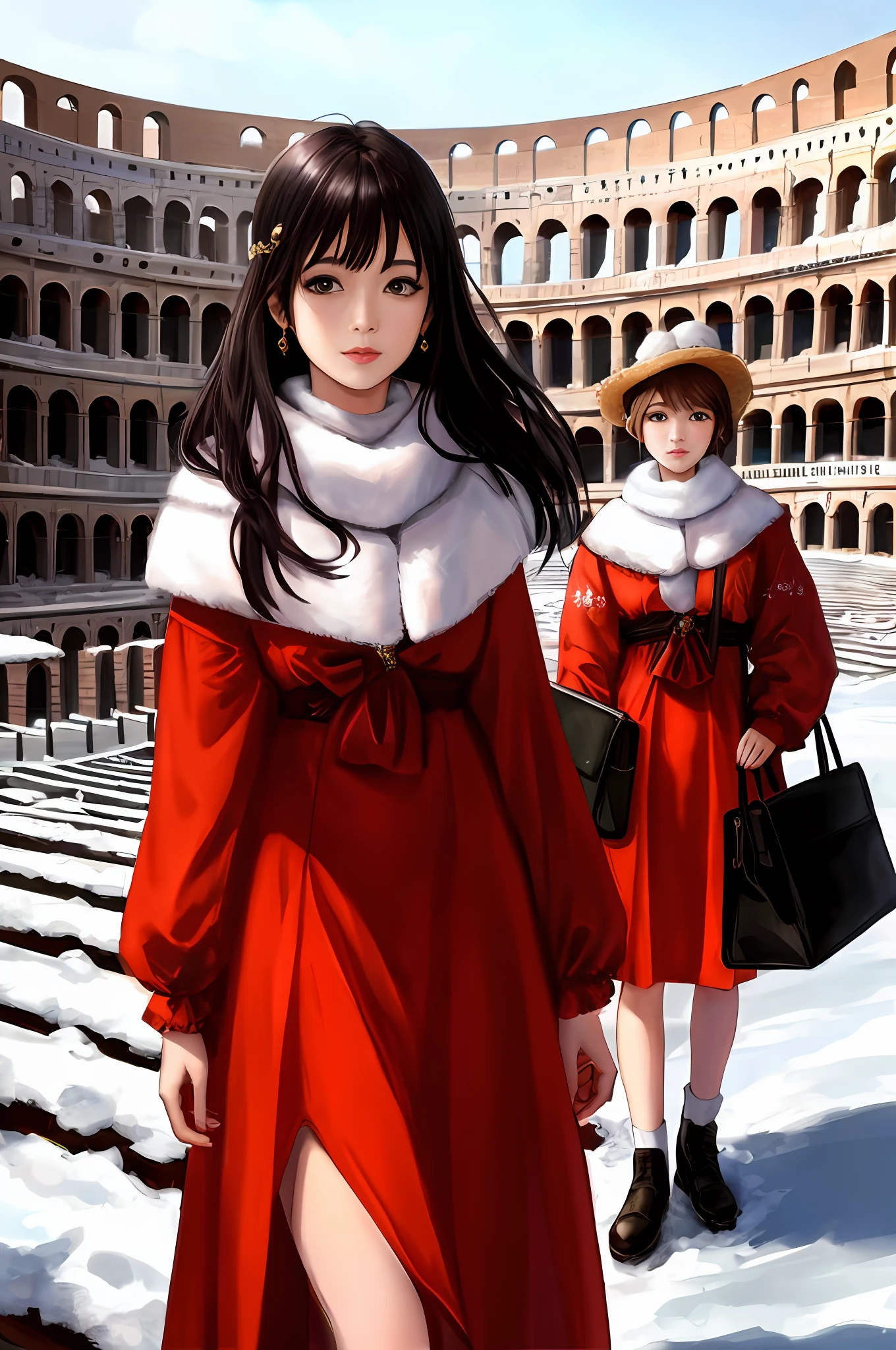 （Positive focus),2girls,duo,navel,(At the Colosseum,crowd,winter,Snowy),Surrealistic Female Portraits by David Hockney and Alphonse Mucha,Fantasy art,photograph realistic， Dynamic lighting，art  stations,poster for,Volumetriclighting,Very detailed faces,4K,Award-Awarded,Fantastic costumes,Deep shadows,low tune,cowboy lens， （official outfit：1.4）， looking at the camera in， Half-body shot，（（Realistic face））），