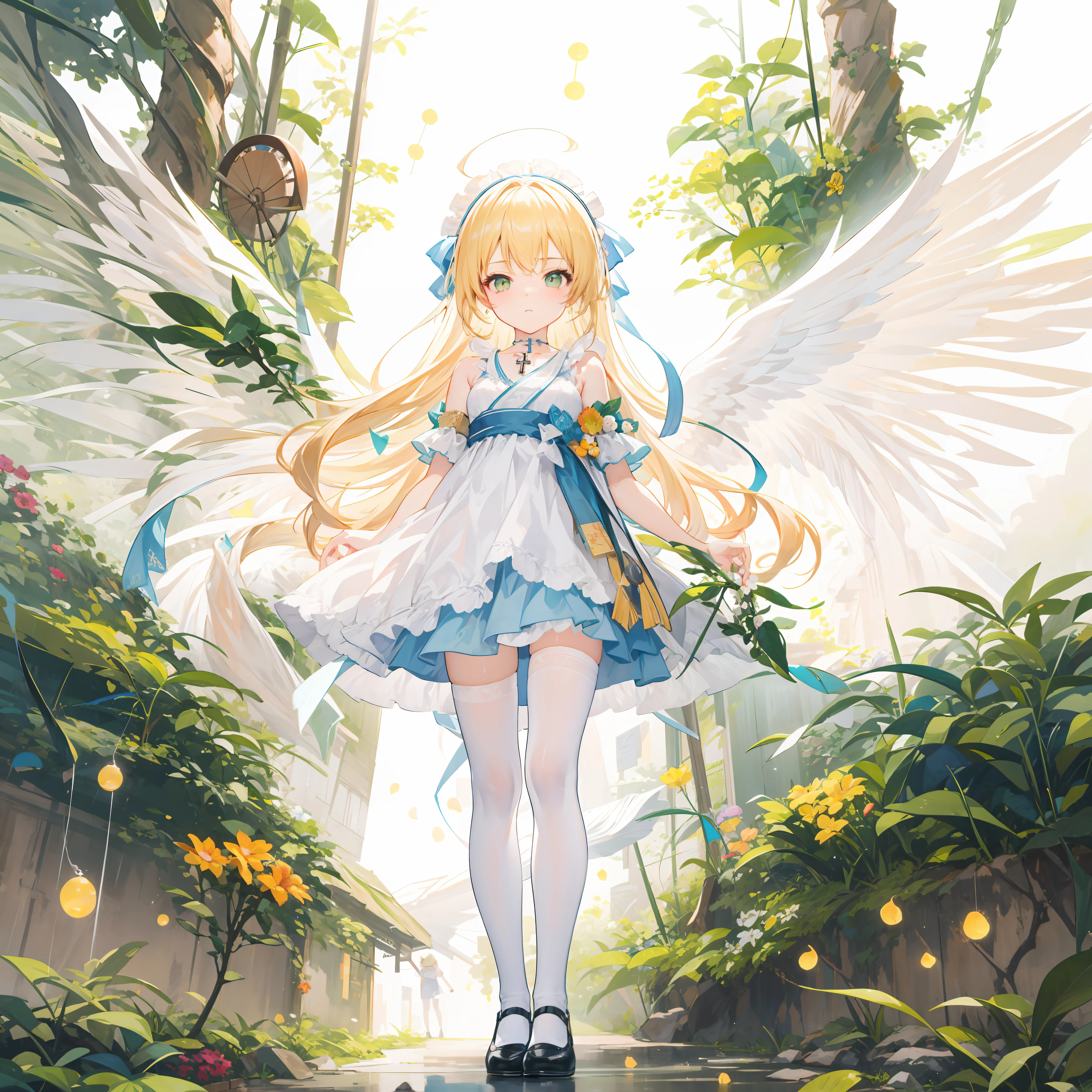 Anime girl standing on bridge in the forest with angel wings, Guweiz in Pixiv ArtStation, Guweiz on ArtStation Pixiv, full - body majestic angel, trending on artstation pixiv, beautiful fantasy anime, Anime fantasy illustration, high detailed official artwork, angelic purity, Anime fantasy artwork, Digital art on Pixiv, ethereal anime,Lolita Gothic,From the side Side,full body,Ray tracing,{Best quality}, {{Masterpiece}}, {A high resolution}, Original, Extremely detailed 8k wallpaper, 1girll, {An extremely delicate and beautiful},,incredibly_absurderes,Ray tracing,{Best quality}, {{Masterpiece}}, {A high resolution}, Original, Extremely detailed 8k wallpaper, {An extremely delicate and beautiful},,incredibly_absurderes,Colorful,intricately details,art book,,Perspective,very wide angle shot,Overall view,,aurora,Starry sky,clusters of stars,Starry sky,glistening stars,,forest,outline,fountain,Shop,Outdoors,east asian architecture,greco-roman architecture,restaurant,shanty townships/favela,,chies,A high resolution,Extremely detailed Cg Unity 8K wallpaper,Detailed manga illustrations,art of light novel,art of light novel,angel,Petite,Dragon girl,lolita fashion,Babe,ahoge,Blonde hair,Long hair,Blonde_Hair/Yellow_Eyes,looking at the distance,Closed mouth,standing,hide hand,Slim legs,Expressionless,Serious,Beautiful detailed eyes,Gothic_Lolita,Cloak cover,White skirt,Lolita Gothic,White pantyhose,white stockings,White_upper legs,Fine fabric emphasis,mary_janes,Cross necklace,ribbon,Hair ribbon,maid headdress,hair adornments,flat_chest,flat_chest,Ray tracing,Beautiful detailed sky,Masterpiece,Clear picture,Pedras preciosas,