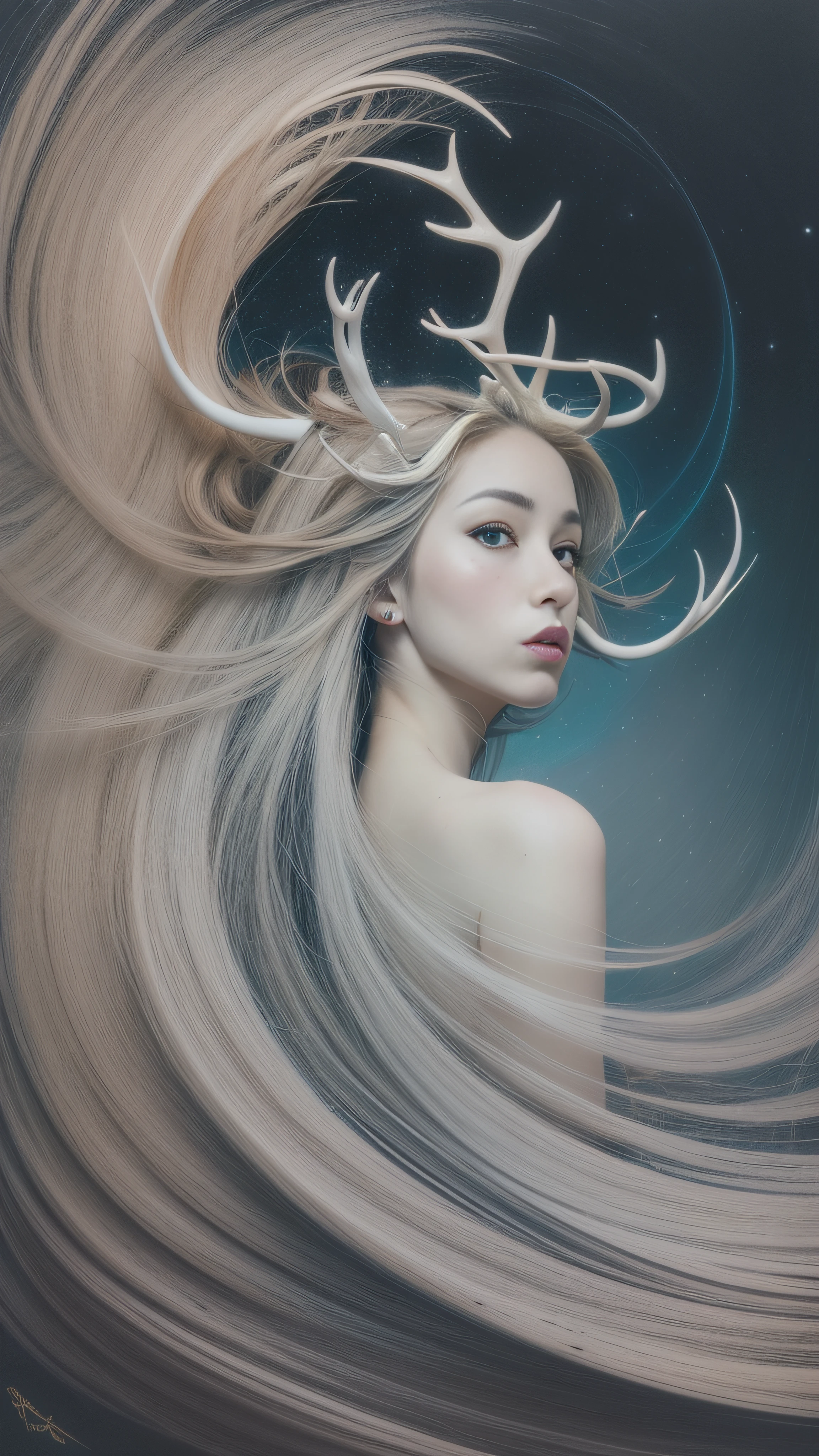 Wide angle Environmental shot of A a goddess in white side on the back of a white stag,ocean waves at night, moon in the sky, abstract astrology ornaments, muted colors, muted colors, 2d flat street art in the style of adrian ghenie, esao andrews, jenny saville, edward hopper, surrealism, dark art by james jean, takato yamamoto, inkpunk minimalism, full body view, vibrant, photo realistic, realistic, dramatic, sharp focus, 8k.