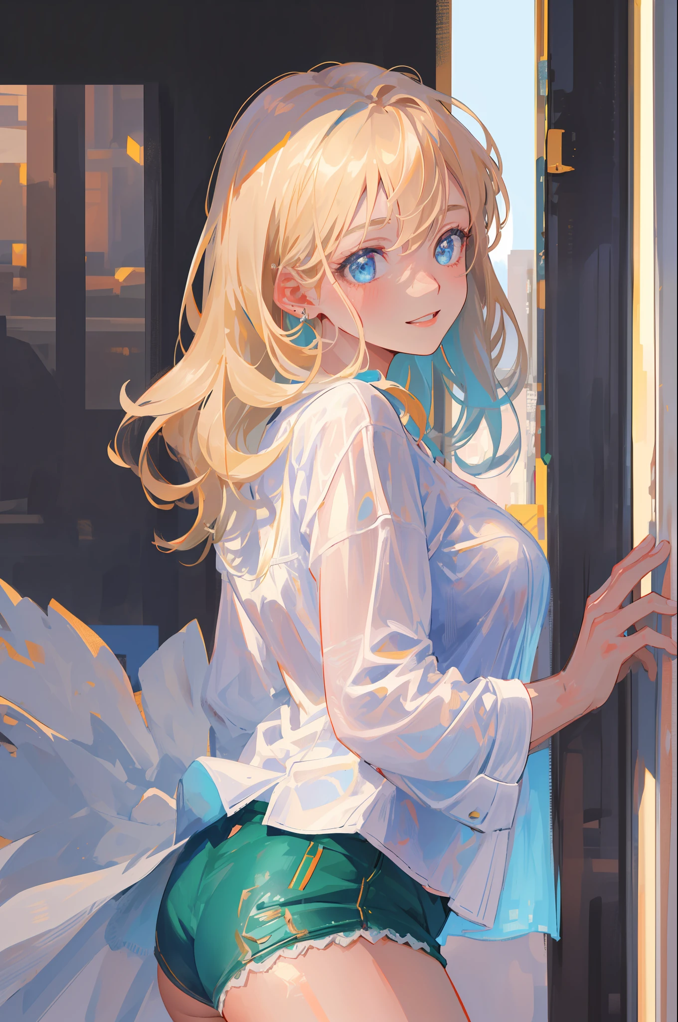 (8k, highest quality, best quality, masterpiece, highly detailed:1.2),
1girl, upper body, woman looks like (Margot Robbie), wearing boyfriend shirt and panty, (naked shirt, shirt tug), shy, half smile, midday, from below