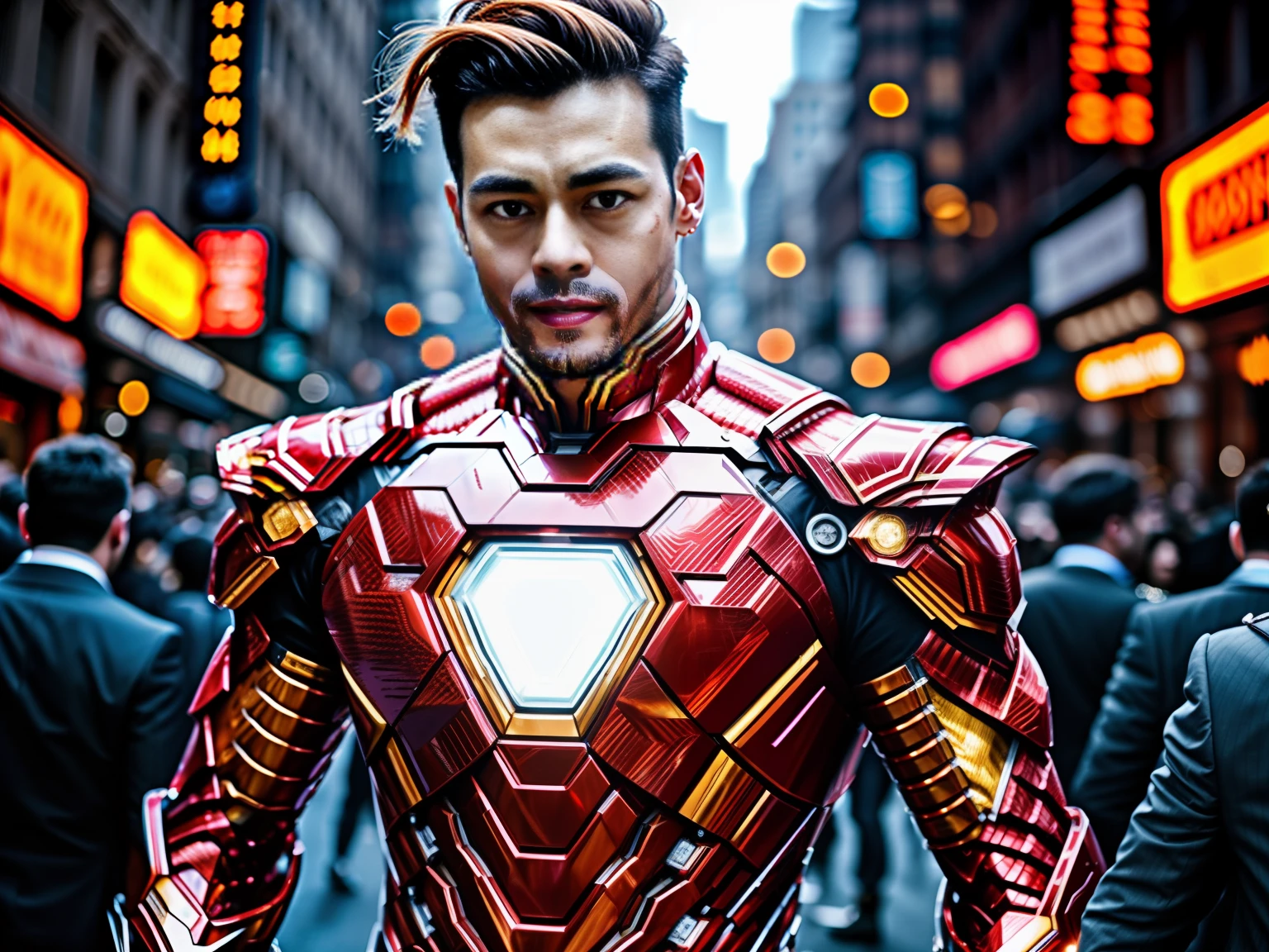 close up, one man wearing an immaculately detailed [red|golden] weird future fashion transparent plastic intricate iron man armor with golden color accents, golden exposed circuitry and embroidery, head visible, with detailed side shaved long punk hairstyle, smirking, extremely detailed face, brown eyes, standing next to a crowded new york city street parade celebration, cinematic photography, low contrast, overcast, hdr, raw photograph
