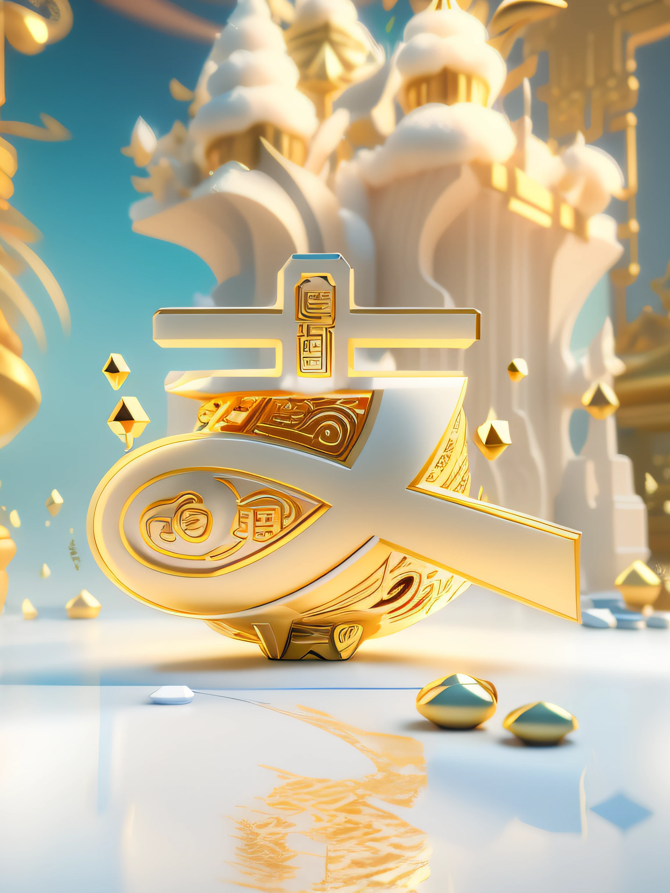 There is a gold and white logo with a golden arrow, Rendered in Cinema4D, rendered in cinema 4 d, depicted as a 3 d render, stylized 3 d graphics, trend on behance 3d art, trend on behance 3 d art, rendered in keyshot, golden chinese text, smooth 3d cg render, 3d render digital art