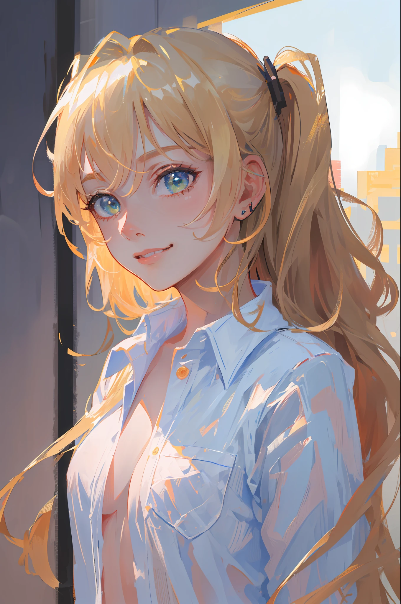 (8k, highest quality, best quality, masterpiece, highly detailed:1.2),
1girl, upper body, woman looks like (Margot Robbie), wearing boyfriend shirt and panty, (naked shirt, shirt tug), shy, half smile, midday, from below