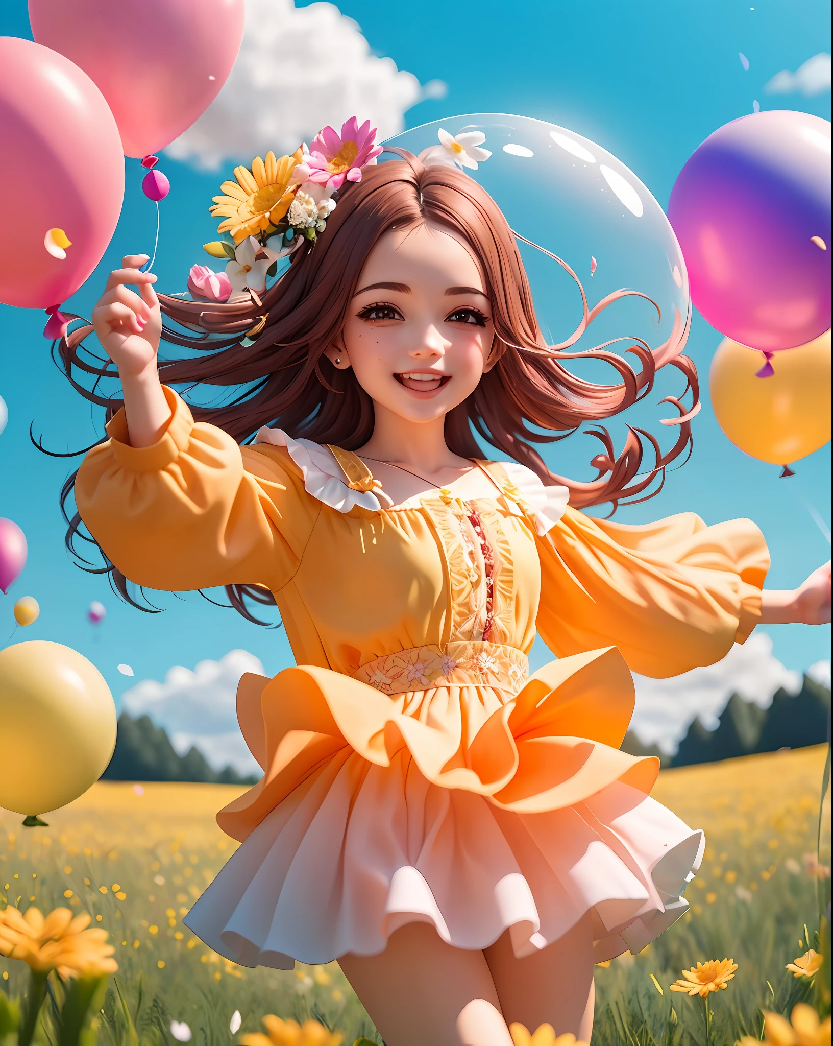 A girl holding flowers, colorful balloons floating in the sky, meadow, dancing, holding flowers, happy, happy, perfect quality, clear focus (clutter-home: 0.8), (masterpiece: 1.2) (Realistic: 1.2) (Bokeh) (Best quality) (Detailed skin: 1.3) (Intricate details) (8K) (Detail Eyes) (Sharp Focus), (Happy)