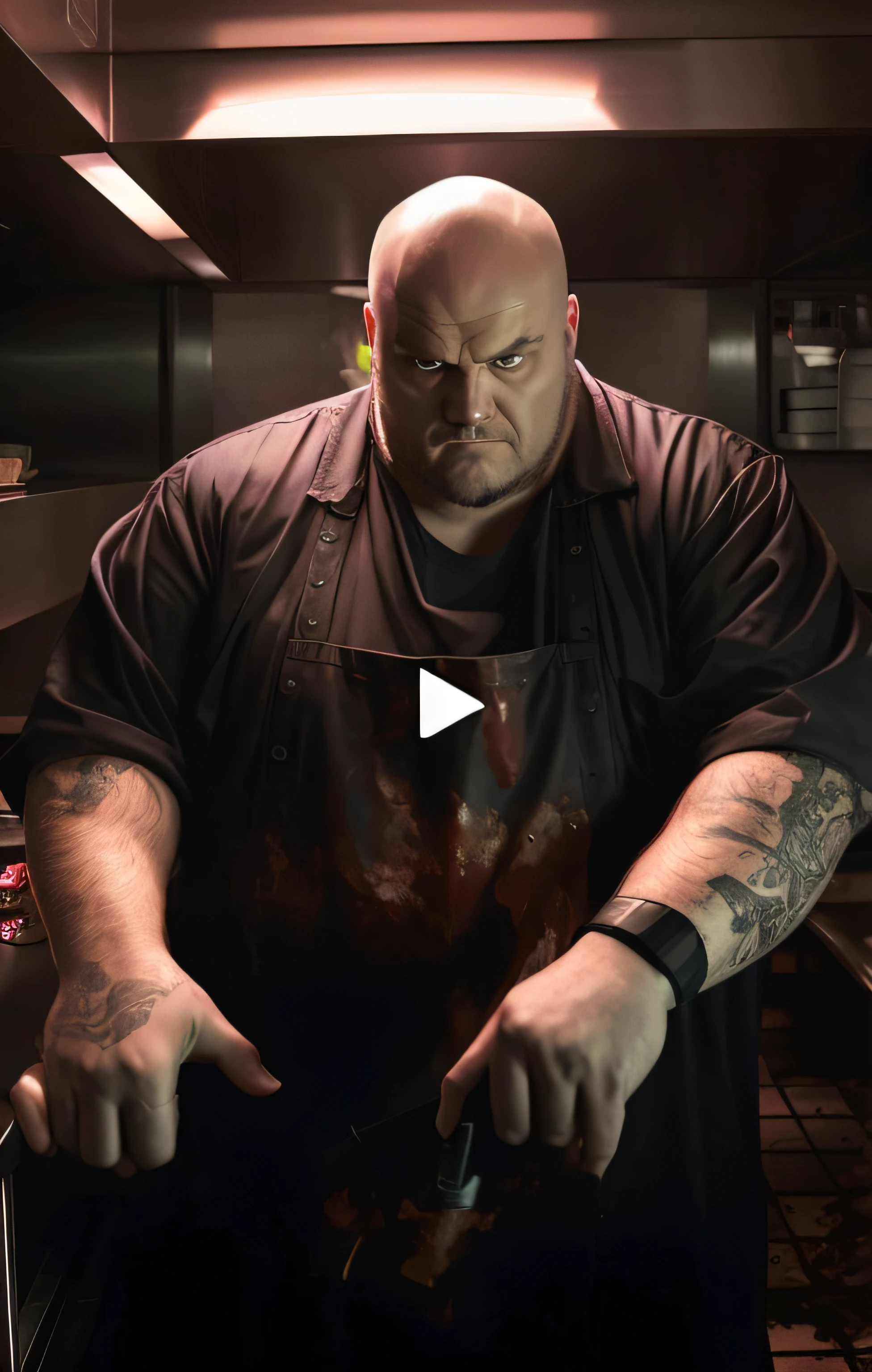 There's a man in a kitchen, big butcher man posing scarily, heavy appearance, obeso , em um avental coberto de sangue, Scarier-looking man, menacing stare , segurando uma faca, maos sujas se sangue --auto