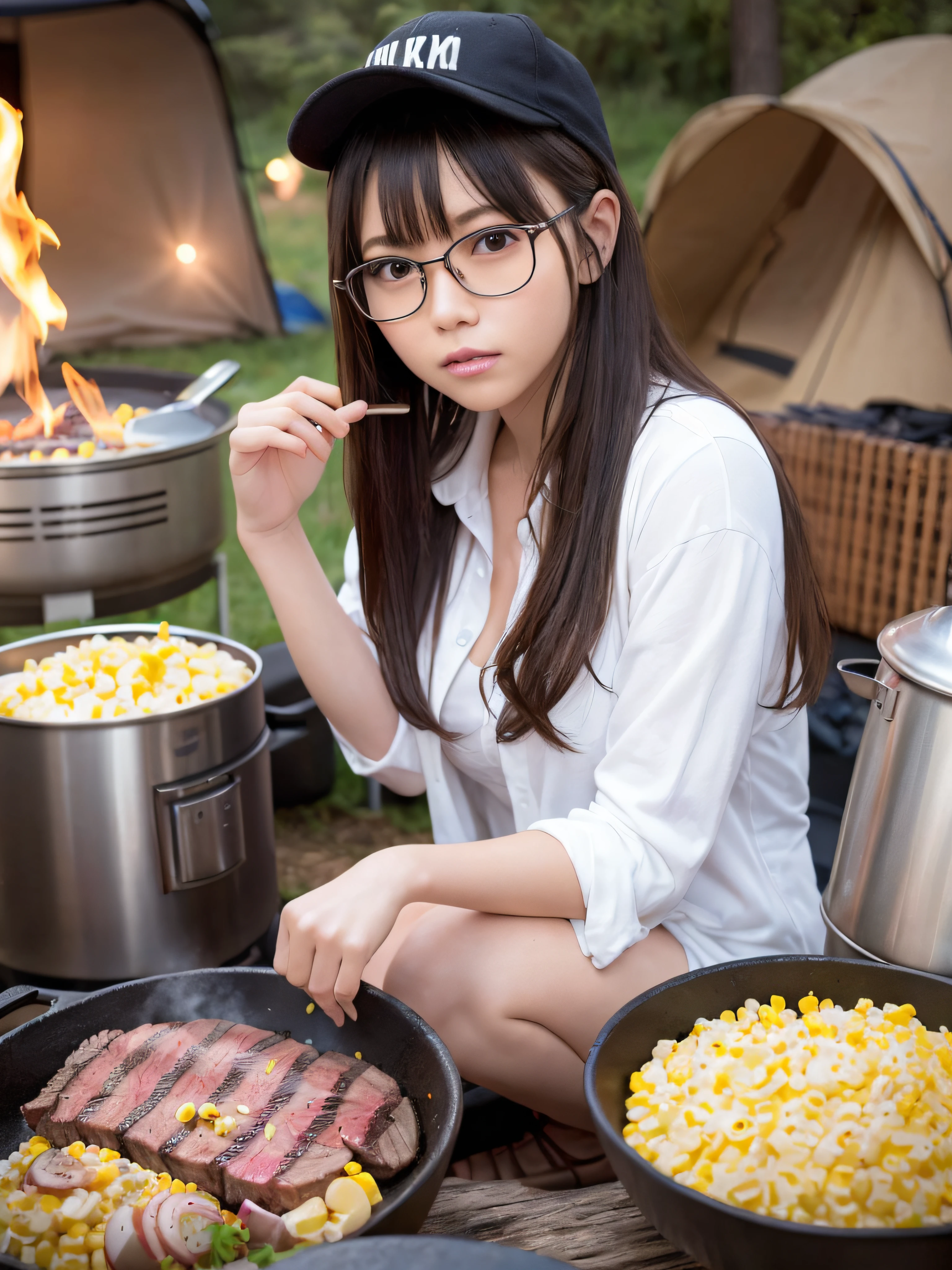 (Photorealistic), (Ultra high realistic), (Ultra high definition), (Ultra high detailed), (1girl), Beautiful face, Cute face, face slimming, Japanese young girl, semi-long curly hair, (light brown hair), ((Slimmer)), ((white shirt)), ((brown short pants)), (cap), ((black boots)), ((Carrying a super ultra very large backpack for camping)), wearing glasses, Movie Lighting, at the Shibuya station,
