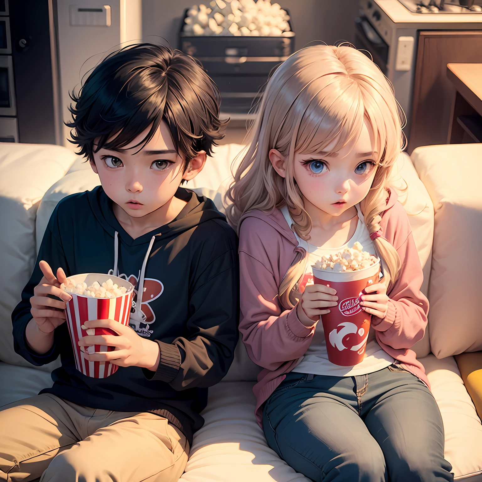 Cute anime boy and girl eating popcorn watching a movie sticker cartoon --auto