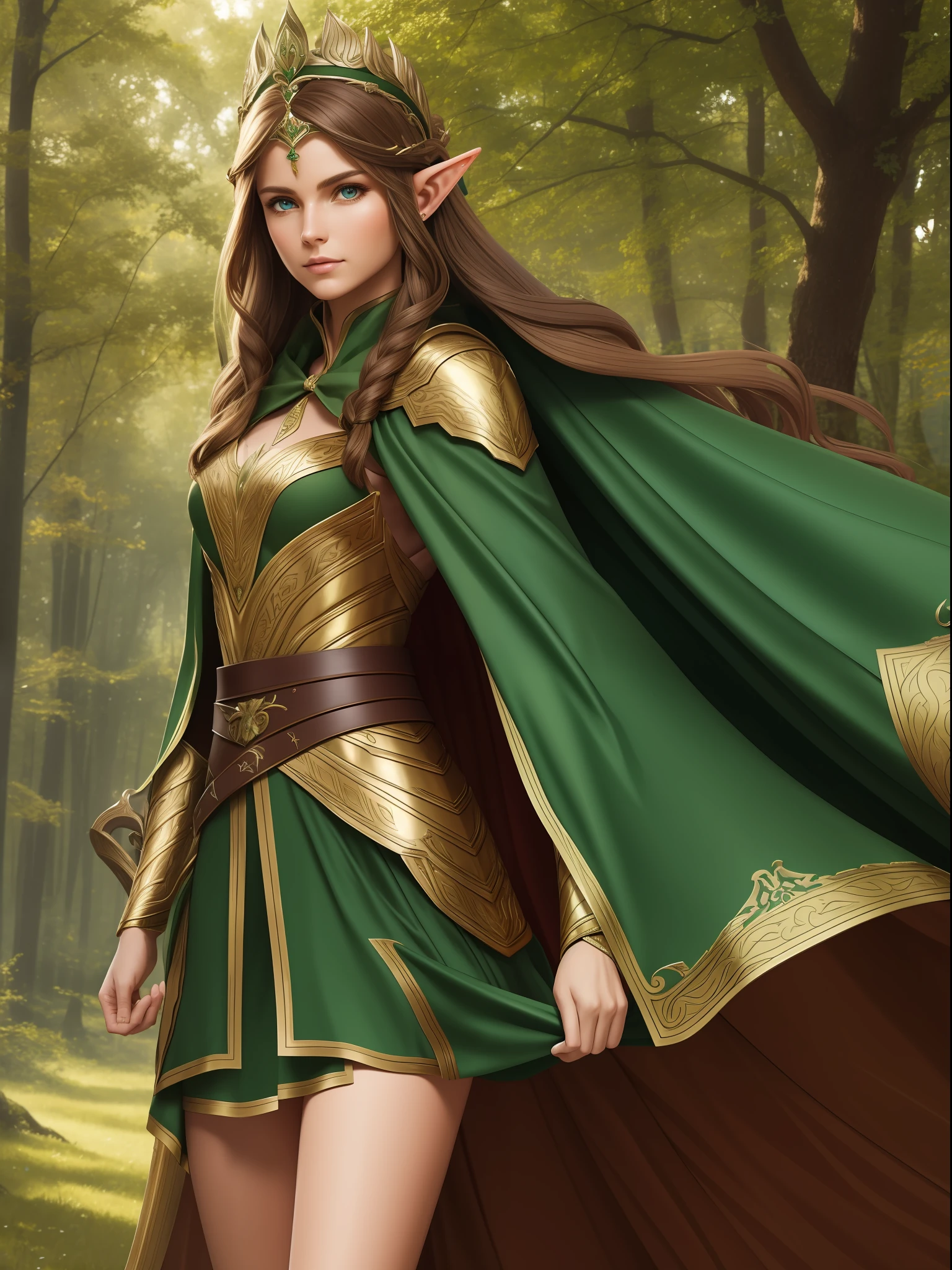 Lots of detail,Ultra high quality,Best quality,femele,Elves,Brown hair long,Long ears,Headband crown,Exquisite armor,Green cape,The background is woods,archer,Fitness,Delicate bow,Full body like,Slender figure,4K --auto