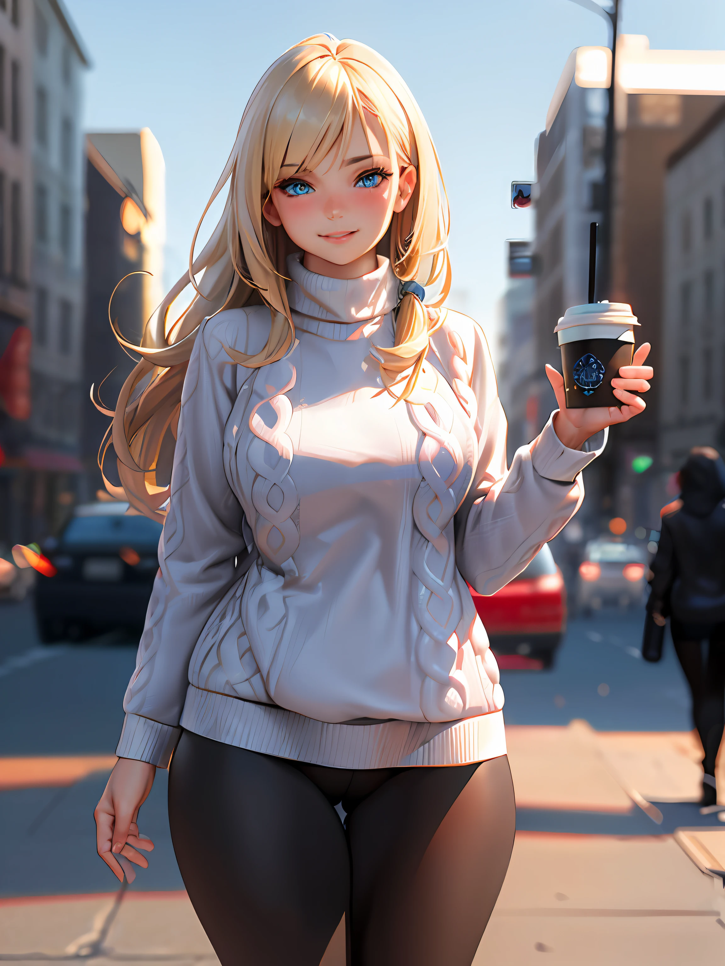 (masterpiece, best quality:1.4), (modern days), (cowboy shot), 1girl, solo, pov, sfw, stunning girlfriend, (standing:1.1), dynamic pose, (white oversized sweater, knit sweater:1.4), (skinny yoga pants, dark gray yoga pants: 1.4), (navy short jacket, denim jacket: 1.4), long blonde hair, bangs, heart-shaped face, elegant face, beautiful face, high detail face, high detail skin, skin pores, subsurface scattering, (blue eye details), realistic pupils, plump breasts, loving smile, looking at the audience, full blush, plump lips, holding a coffee cup, centered, coffee shop in background, city street, sunny day, wind, detailed background, depth of field, Atmospheric perspective, volumetric lighting, clear focus, absurd, realistic proportions, good anatomy, (realistic, hyper-realistic:1.4), 16k HDR,