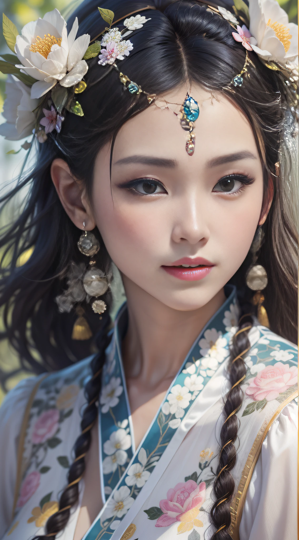 Exquisite and exquisite Chinese beauty，with short black hair，naturally straight hair，Superb sophistication，Good facial features，Peerless beauty，softness，dreamlike quality，Reallightandshadow，Ultra-fine brunette hair，Wear an ice flower dress，She wears a beautiful hair ornament on her head，Delicate melon seed face，Delicate skin，frontage，with blue sky and white clouds，Cover of a，zoom，Collar，Hyper-detailed painting，with light glowing，Natural soft light，复杂，4K，Naturally moving，Realistic，超高分辨率