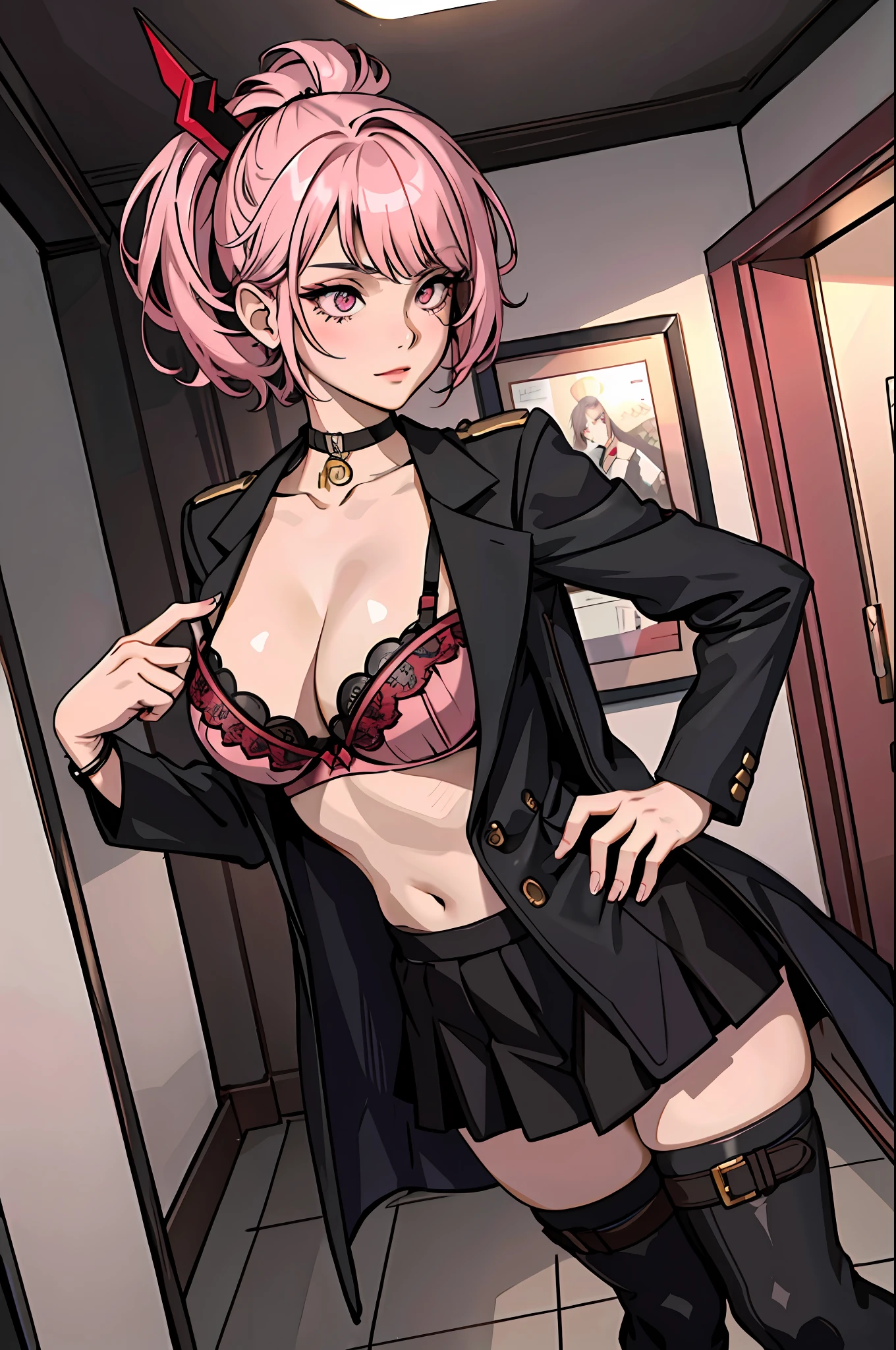 (masterpiece:1.2, best quality), 1girl, solo, undercut hair, colored hair, pink eyes, head accessory, intricate coat, bra, black thighhighs, combat boots, red dress, room, sexy