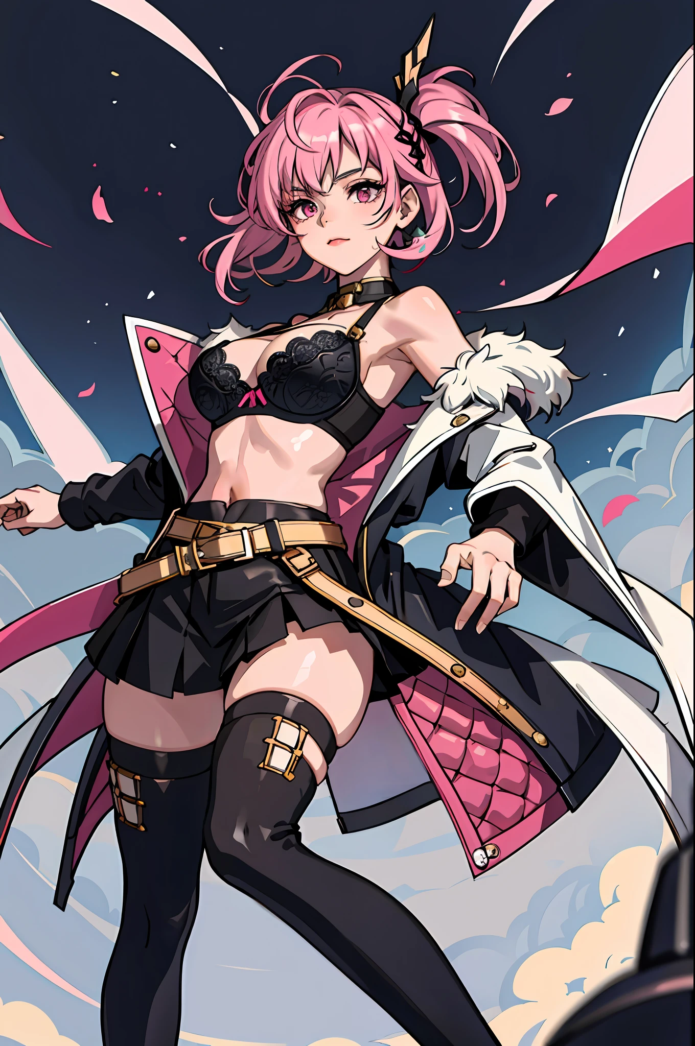 (masterpiece:1.2, best quality), 1girl, solo, undercut hair, colored hair, pink eyes, head accessory, intricate coat, bra, black thighhighs, combat boots,