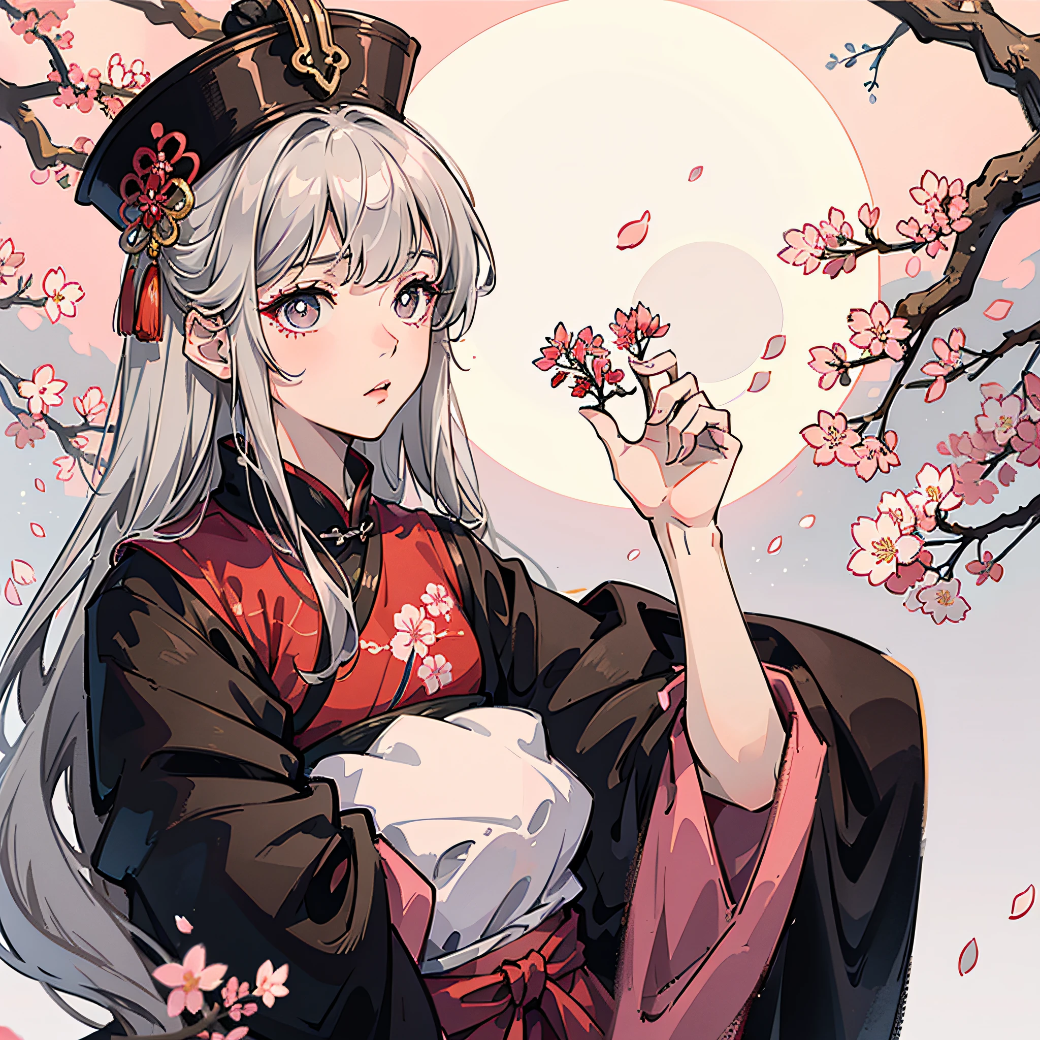 Masterpiece, Best quality, Night, full moon, 1 girl, Mature woman, Chinese style, Ancient China, sister, Royal Sister, Cold expression, Expressionless face, Silver white long haired woman, Light pink lips, calm, intelligence, tribelt, Gray pupils,  Cherry blossom red background, Stroll through the cherry blossom forest --auto