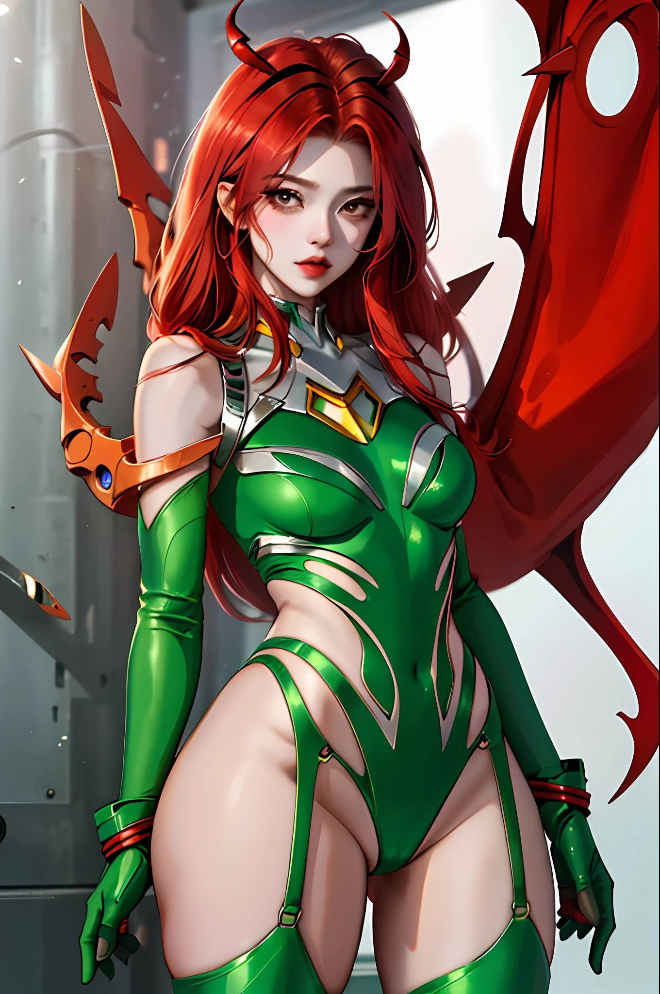 Cartoon photo of a woman in a green and red costume、Hot insect humanoid female、Guyver Style、NSFW version、Akame、