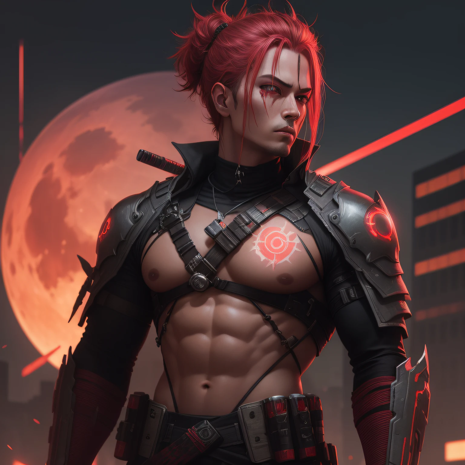 Male Cyberpunk Katana Red Moon Surrealism, cinematic lighting, super detail, textured skin --auto