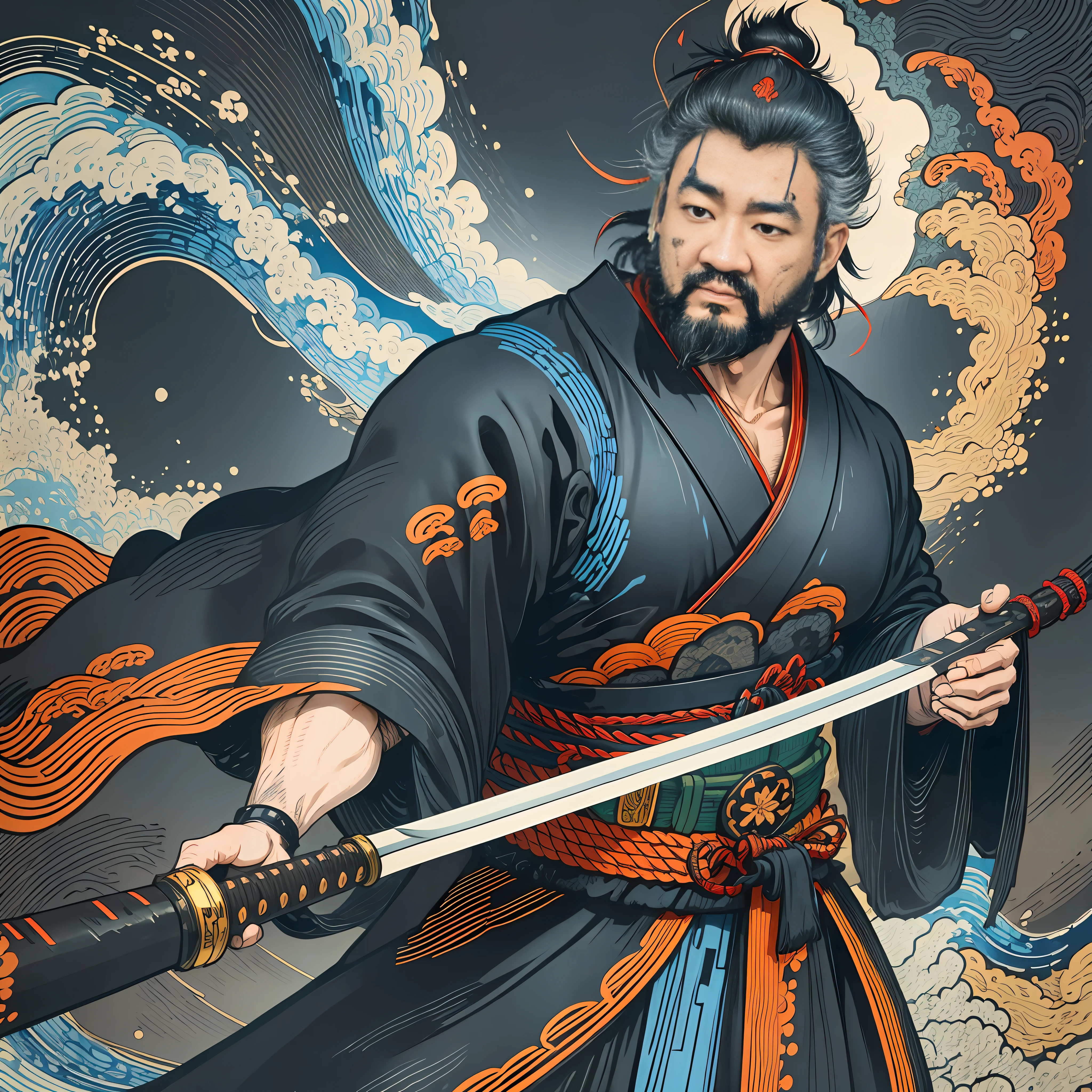 It is a full-body painting with natural colors with Katsushika Hokusai-style line drawings. The swordsman Miyamoto Musashi has a big body like a strongman. Samurai of Japan. With a dignified but manly expression of determination, he confronts evil spirits. He has black short hair and a short, trimmed beard. His upper body is covered in a black kimono and his hakama is knee-long. In his right hand he holds a Japan sword with a longer sword part. In the highest quality, masterpiece high resolution ukiyo-e style lightning and swirling flames. Among them, Miyamoto Musashi is standing with his back straight, facing the front.