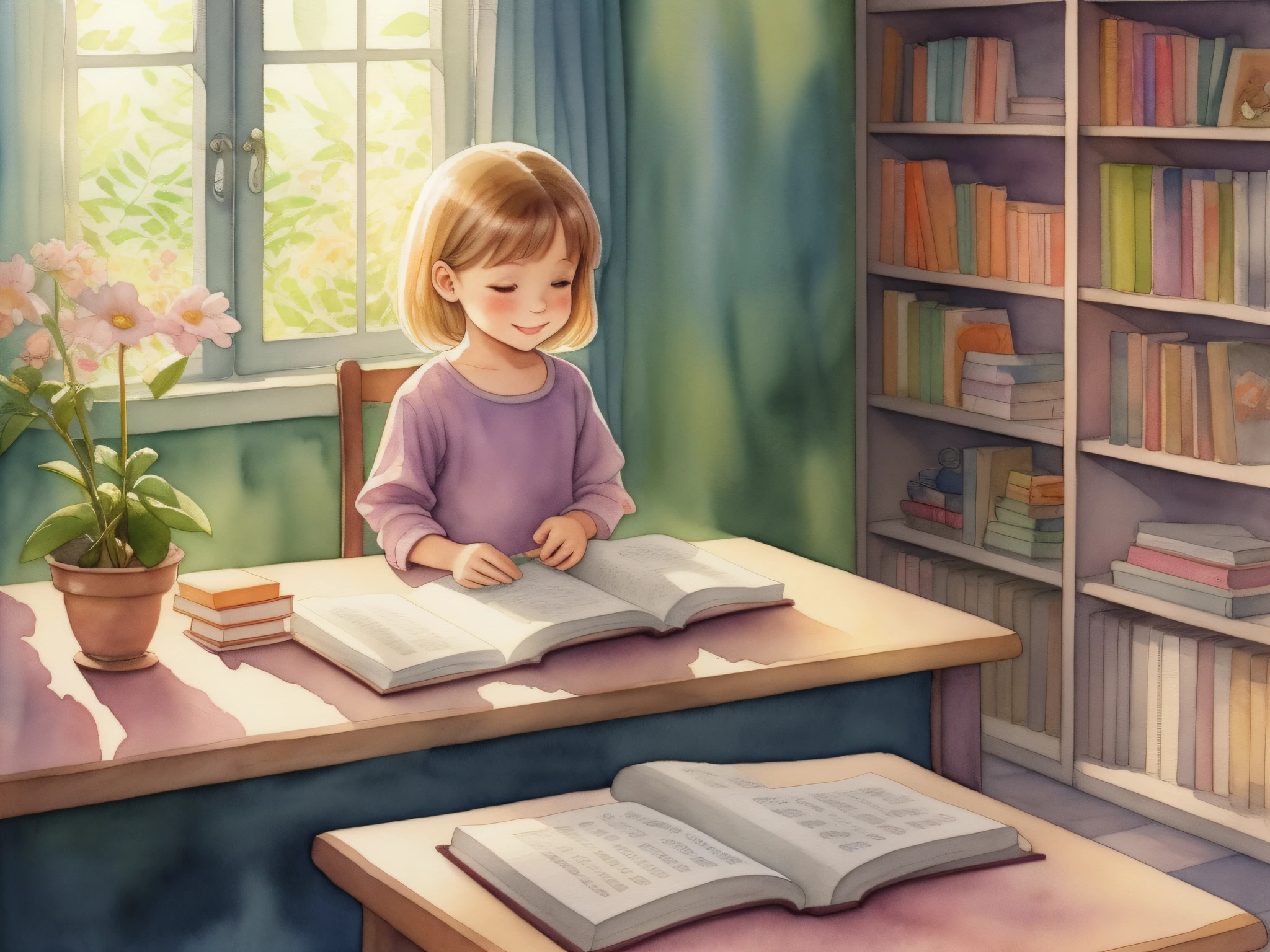 Healing children picture book illustration watercolor sunshine positive optimistic, Reading in the library Pastel tones There are no flowers in the picture Each composition is different