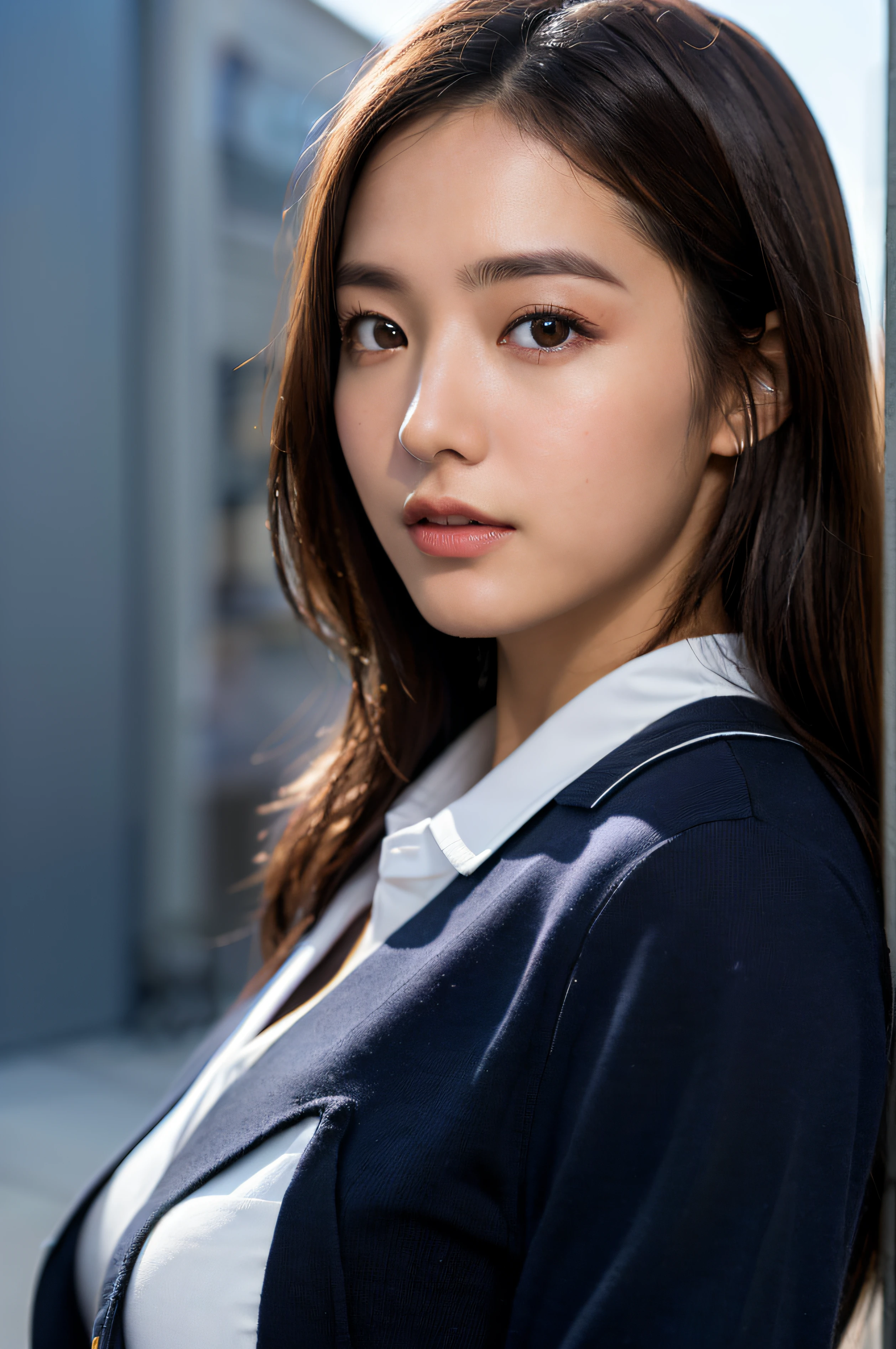 1girl, (at street:1.2), ((office uniform:1.2)),night, RAW photo, (photorealistic:1.37, realistic), highly detailed CG unified 8K wallpapers, looking at viewer, (((straight from front))), (HQ skin:1.8, shiny skin), 8k uhd, dslr, soft lighting, high quality, film grain, Fujifilm XT3, ((upper body:1.6)), (professional lighting:1.6)