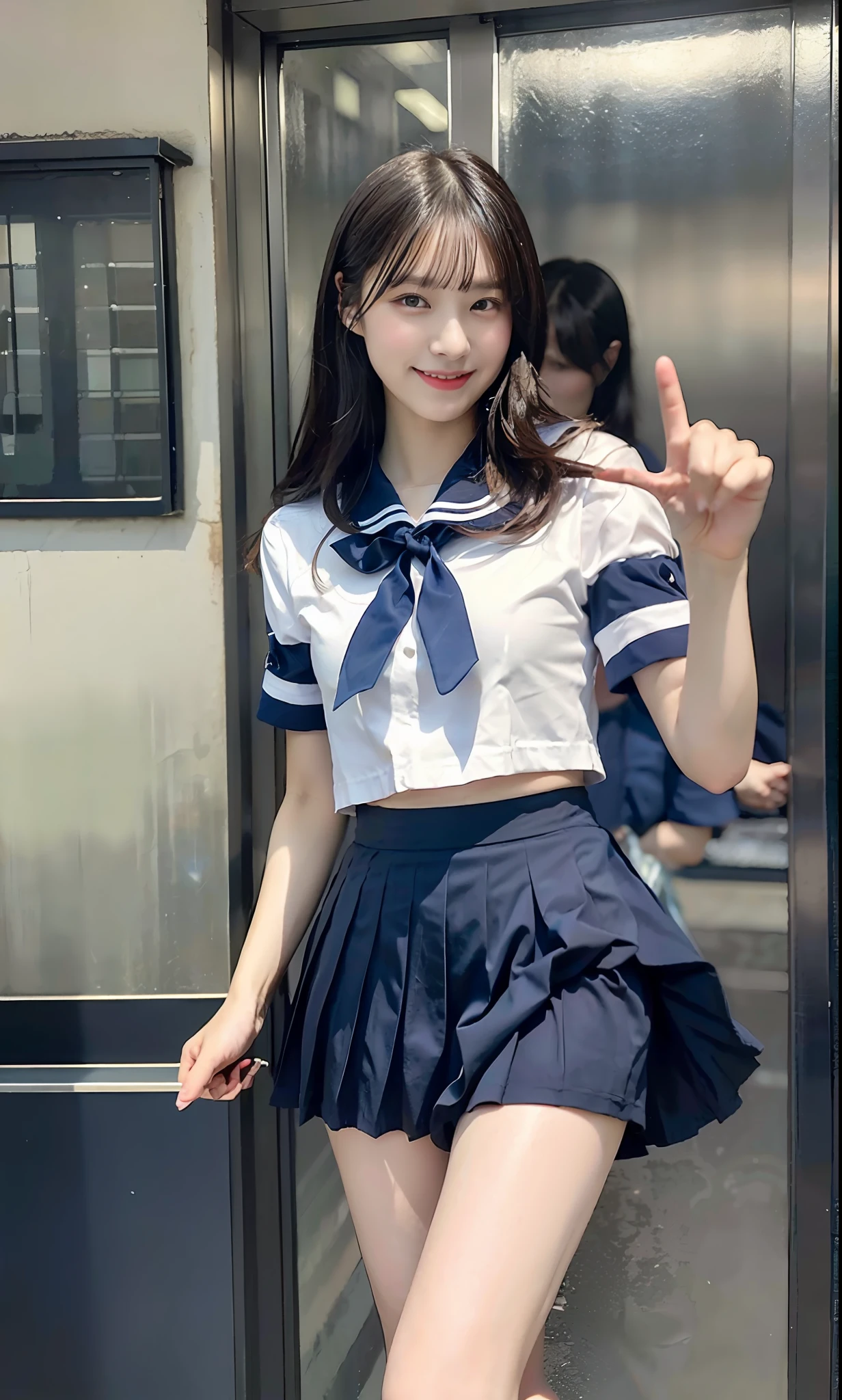 (ultra best quality、超A high resolution、８ｋ、​masterpiece:1.3)、Beautiful Women in Perfect Figure:2、Black hair、a sailor suit、hi-school girl、kawaii、extremely detailed face and skin、Detailed eye、二重まぶた、Skinny Legs、A smile、１The human、Pointing fingers with the left hand、Navy blue pleated skirt、Age is１５years old、The whole body is in the viewer、Extraordinary beauty、The skirt is rolled up、Panties are visible、White panty、perfectly proportions、