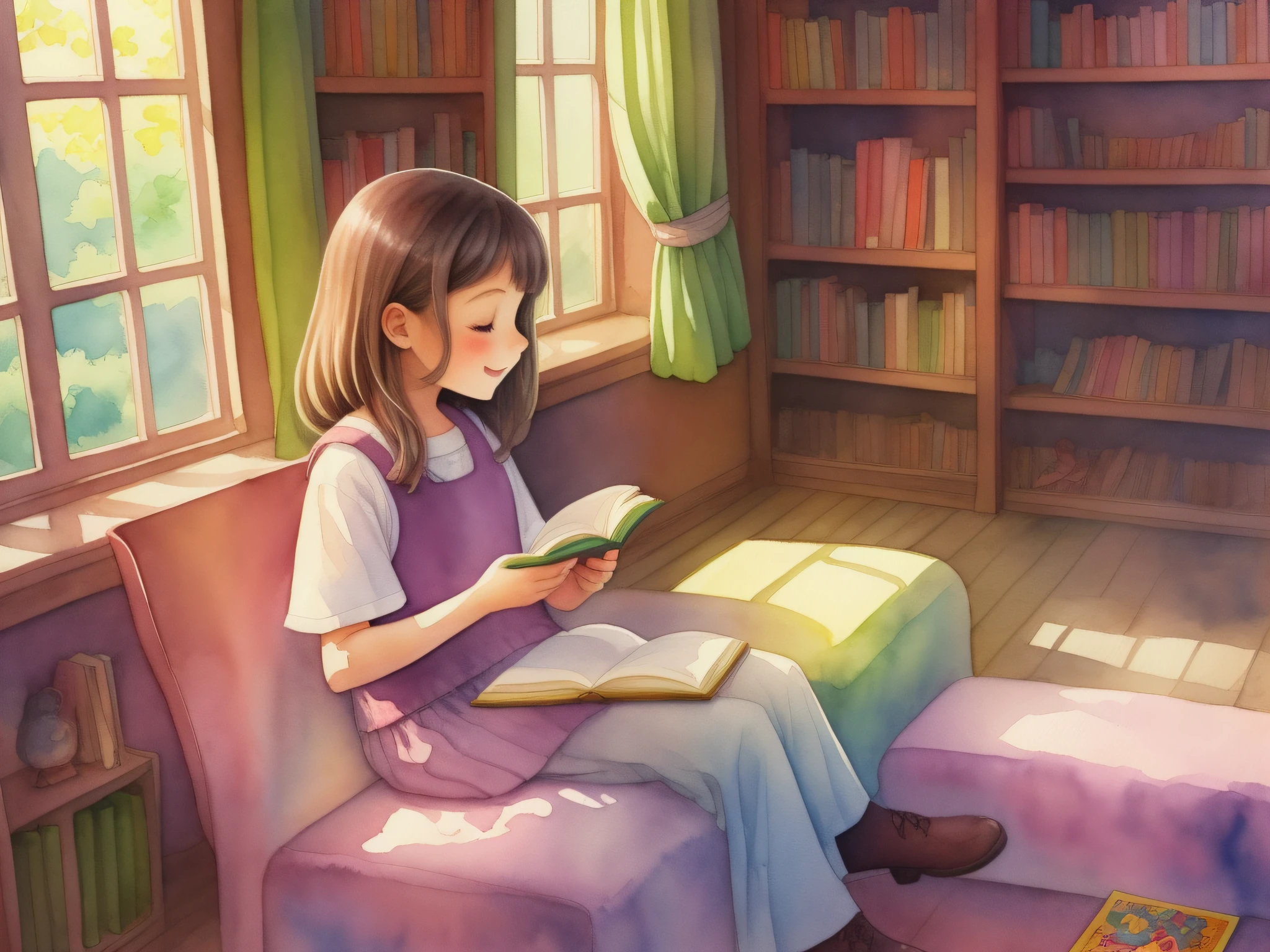 Healing children picture book illustration watercolor sunshine positive optimistic, Reading in the library Pastel tones There are no flowers in the picture Each composition is different