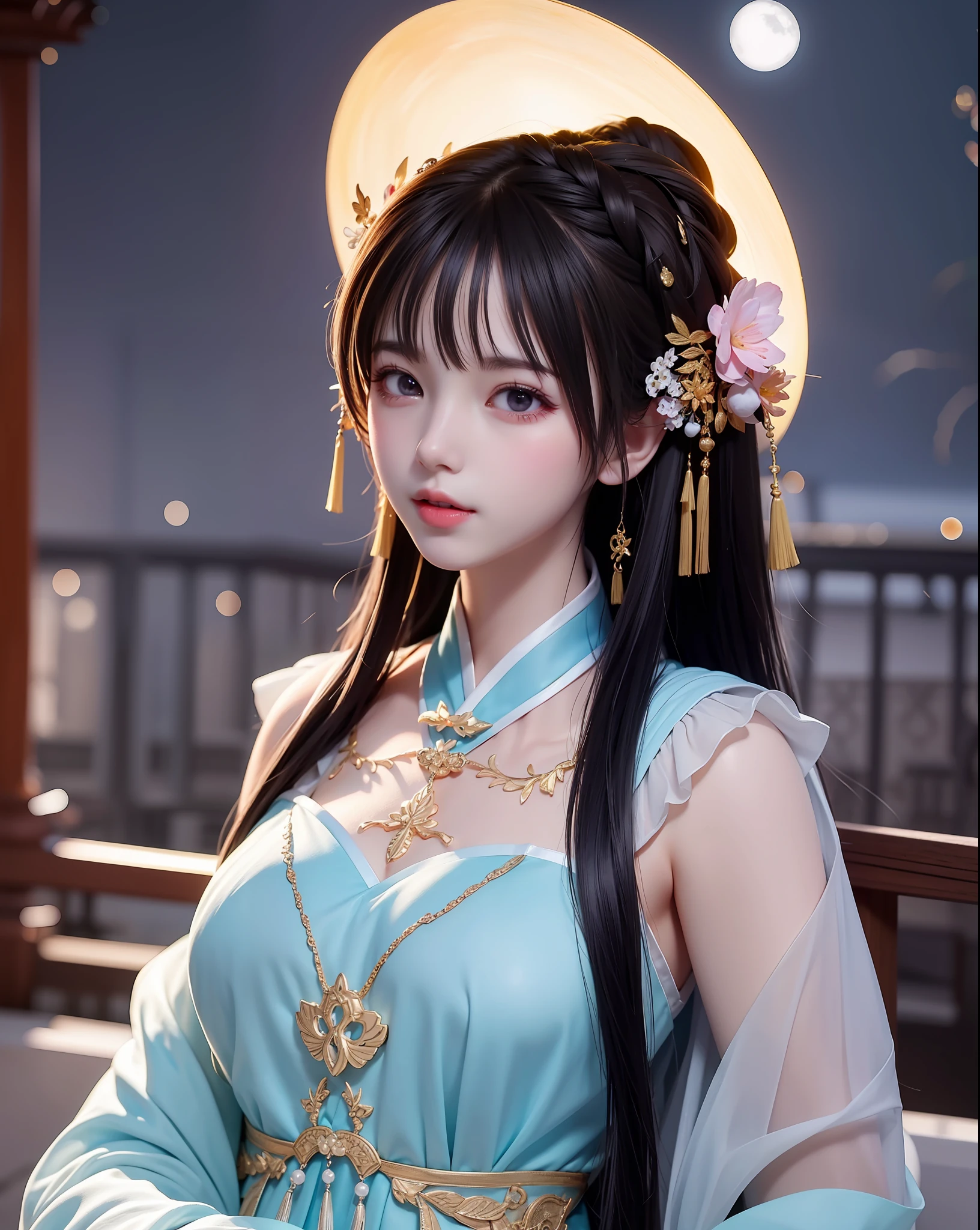 (8k, RAW photo:1.2), best quality, ultra high res,dramatic angle,(fluttered detailed color splashs), (illustration),(((1 girl))),(long hair),(rain:0.9), (头饰:1.4),少女身边有一座古宫,汉服,(重点),彩色水墨画,(泼彩),泼彩,(((colorful))),(素描:0.8) , Masterpiece, best quality, beautiful painted, highly detailed,(denoising:0.6),[splash ink],((ink refraction)), (beautiful detailed sky),moon,highly,detaild,(masterpiece, best quality, extremely detailed） CG unity 8k壁纸，杰作，最好的质量，超详细），（石蒜），