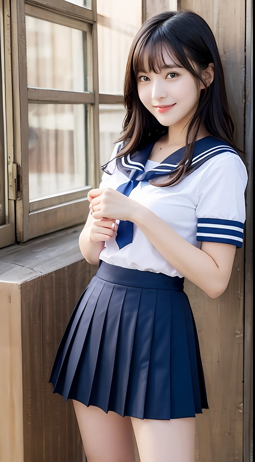 (top-quality、8K、masterpiece:1.3)、Beautiful Women in Perfect Figure:2、Black hair、a sailor suit、hi-school girl、kawaii、extremely detailed face and skin、Detailed eye、二重まぶた、Skinny Legs、A smile、a miniskirt、1The human、Pointing fingers with the left hand、Dark blue pleated skirt