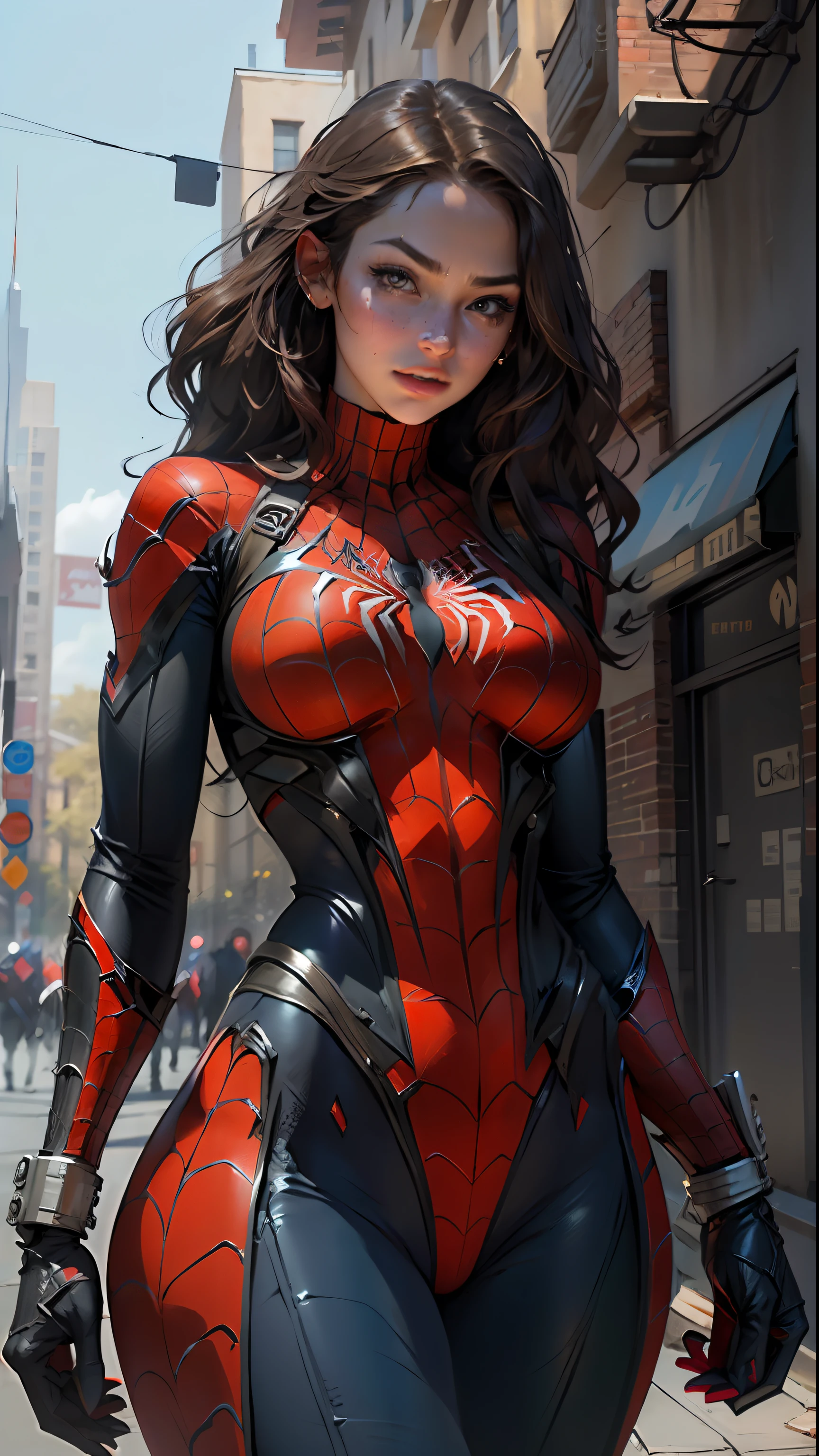 Beautiful woman with a well-defined body using Spider-Man role-playing, huge breasts