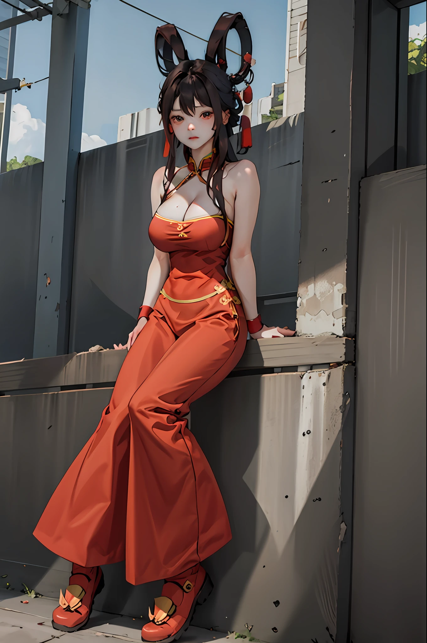 tmasterpiece,A high resolution,beautifulface,ChineseGirl,(tmasterpiece,top-quality,best qualityer,offcial art,Beauty and aesthetics:1.2),(1girll:1.3),(s fractal art:1.3),独奏,Xiuhua Xie,exposed bare shoulders,bare arm,brunette color hair,big cleavage breasts,Red strapless belly strap,No shoulder strap,Red wristband,(黑The eye:1.3),鎖骨,looking at viewert,on cheongsam,