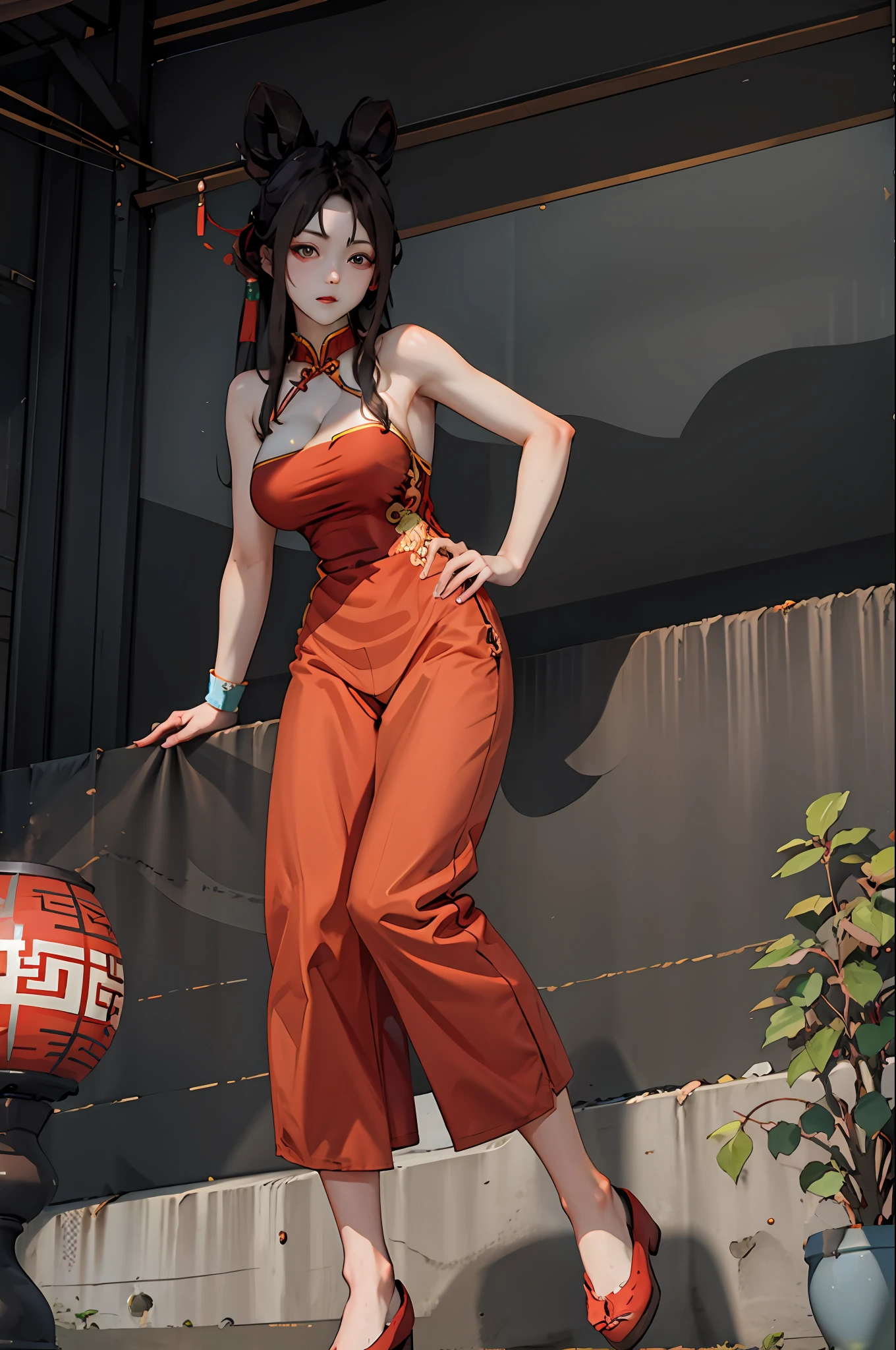 tmasterpiece,A high resolution,beautifulface,ChineseGirl,(tmasterpiece,top-quality,best qualityer,offcial art,Beauty and aesthetics:1.2),(1girll:1.3),(s fractal art:1.3),独奏,Xiuhua Xie,exposed bare shoulders,bare arm,brunette color hair,big cleavage breasts,Red strapless belly strap,No shoulder strap,Red wristband,(黑The eye:1.3),鎖骨,looking at viewert,on cheongsam,