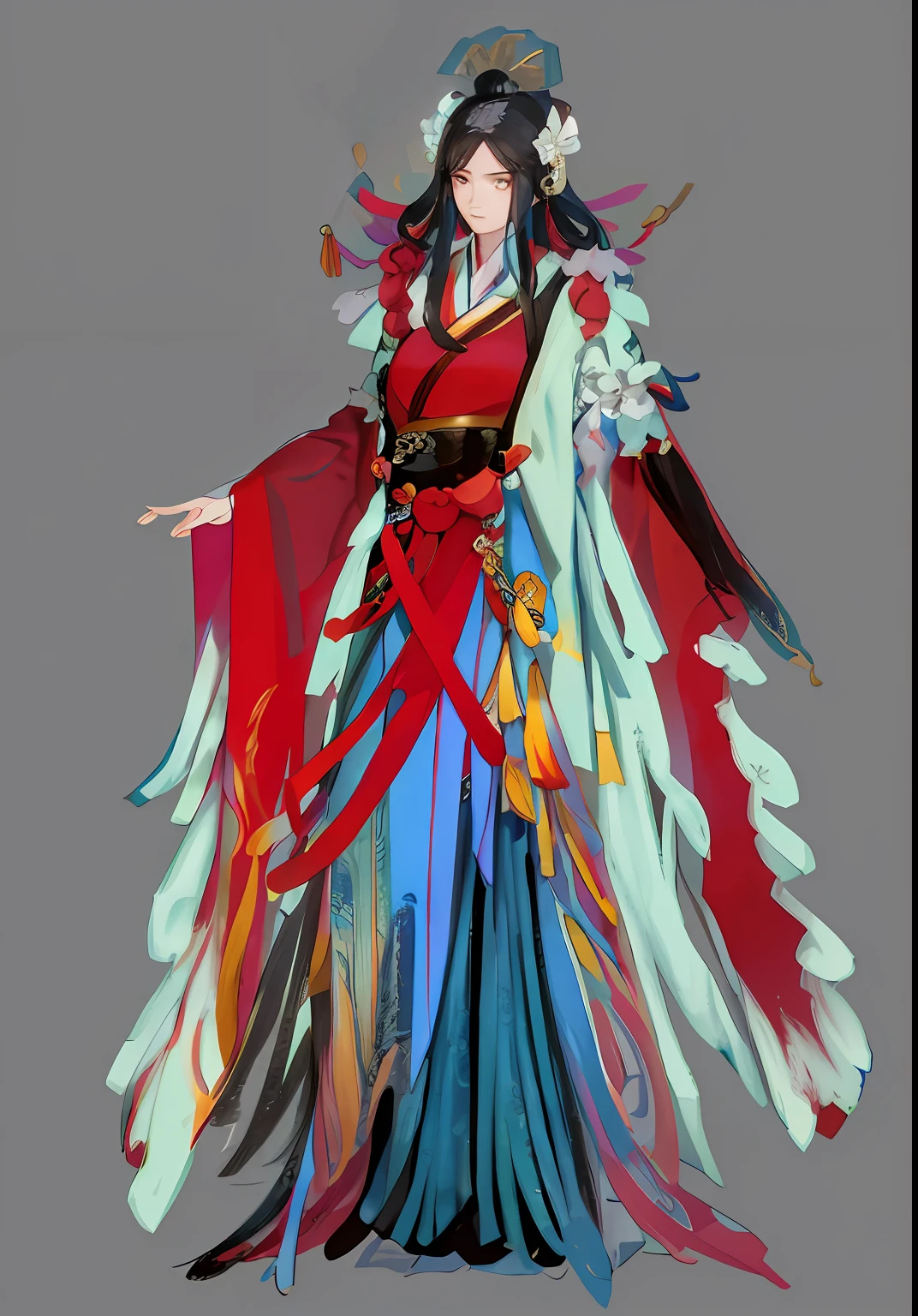 (teens girl), (immortal), Asian people, (fenghuang), Mountain and Sea Sutra，mythological beasts，long whitr hair, brunette color hair, hair-bun, Braided bun, Chinese style clothes,(Hanfu), ribbons, feater, shawl, pendant, obi strip, slender figures, full bodyesbian, staredown, Look directly at the viewer, Look into the distance, are standing，solid color backdrop