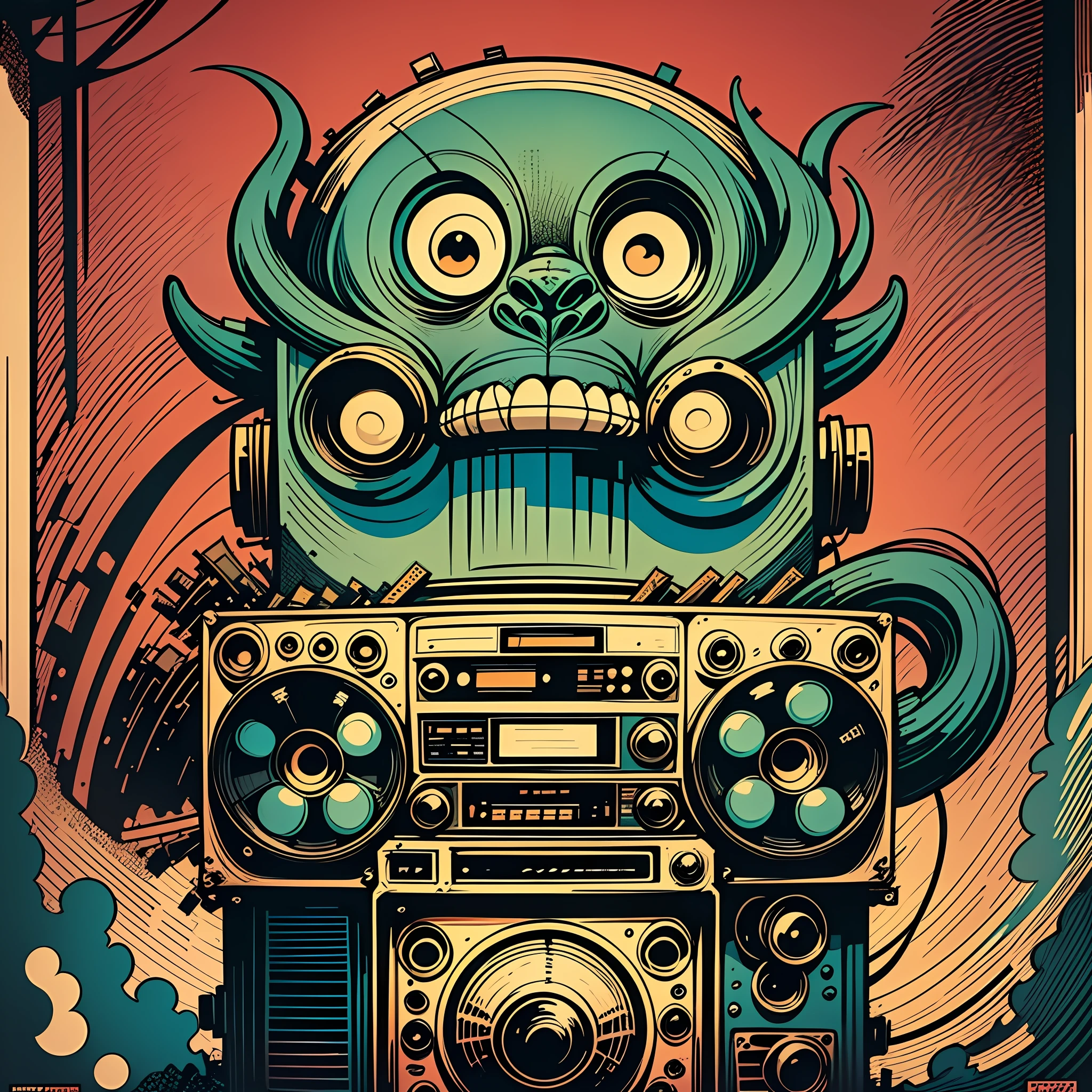 (((a monster creature)))), holding, a boombox with a radio, boombox, ghetto blaster, big ghetto blaster, tape deck, lofi hip hop, audio equipments, cassette, retro technology, nostalgic vibes, 1 9 6 0 s tech, radios, vintage, the 6 0 s, propaganda Poster, poster, Poster design, poster art style. 1970s, 1950s, 1960s, basic colour scheme, Very colourful poster, colour art, thirds rule, inspiring, 1970, lofi hip hop, high quality artwork, artwork, poster art style, promotional artwork, hiphop, 1 9 th, print, high quality wallpaper, poster artwork, style of shepherd fairey, in a retro or vintage style, reminiscent of classic advertisements or posters. Use warm and muted colors, capturing the nostalgic feel of vintage artwork This style should evoke a sense of nostalgia, illustration