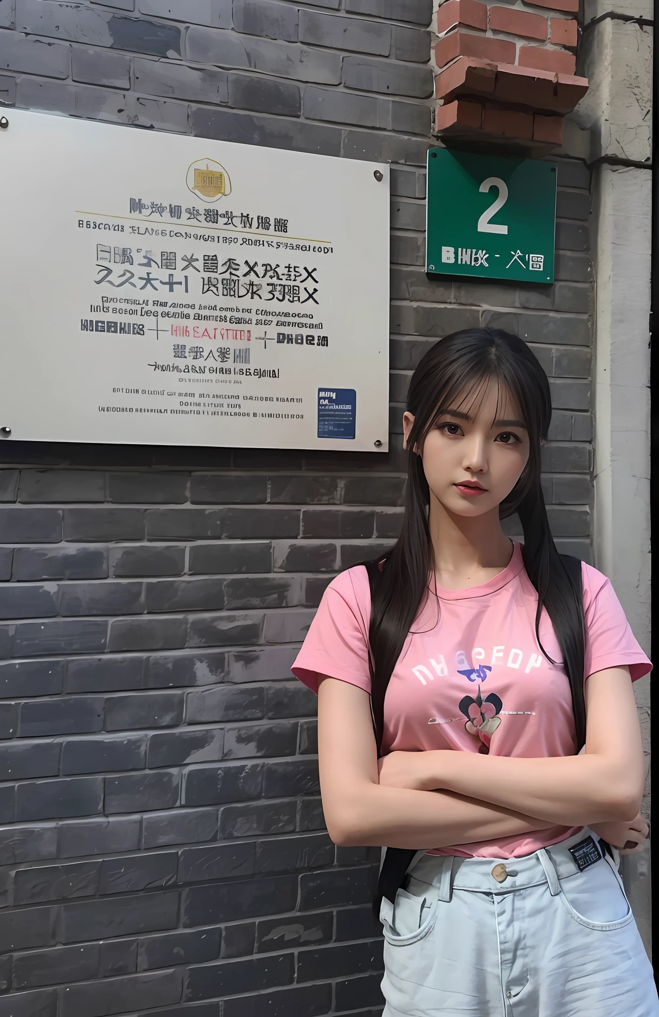 Arafeld Asian woman standing in front of a sign on a brick wall, xintong chen, xision wu, wenfei ye, Lin Qifeng, yanjun cheng, mingchen shen, Chinese girl, chengyou liu, jinyiwei, wenjun lin, Zhang Pengzhen, Middle metaverse, Shin Jinying, zmonzheng