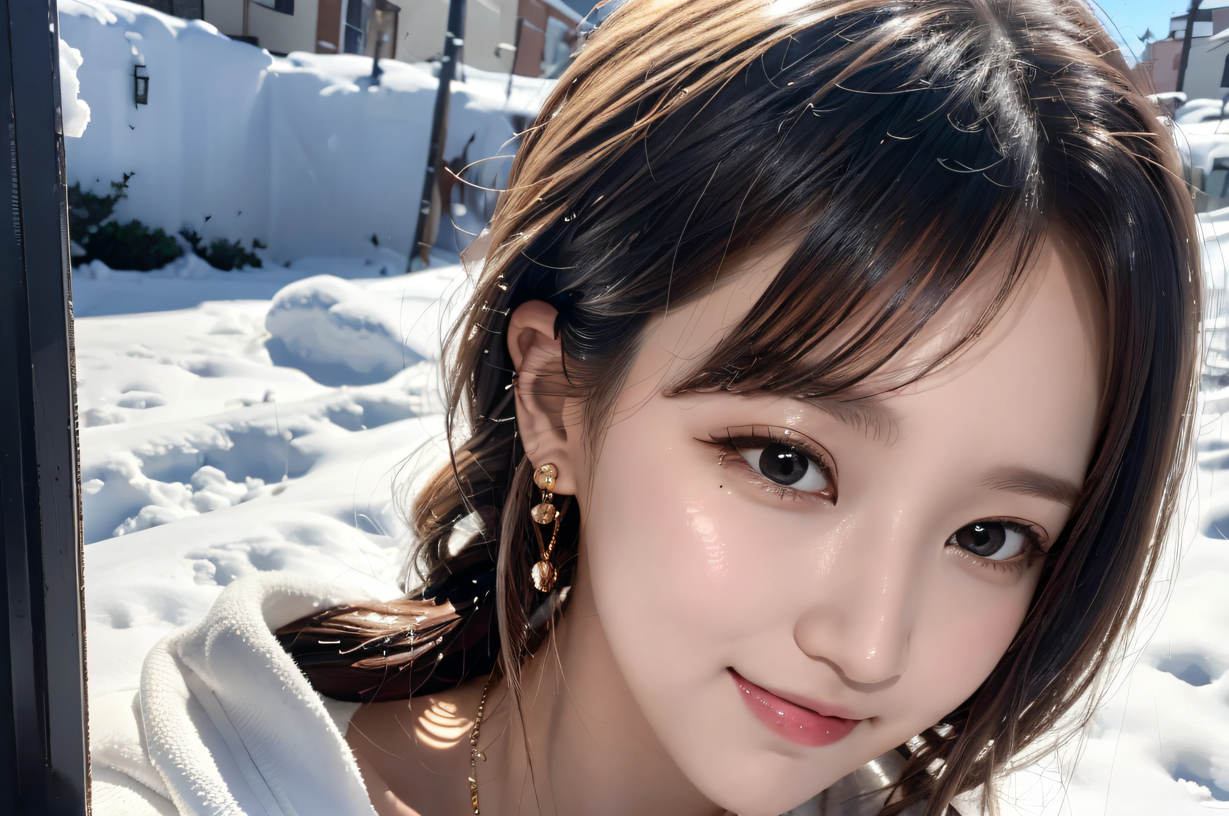 (Bandeau:1.4), (innocent and classy girl:1.3), (Double ponytail hairstyle,cabelos preto e longos), Very detailed face and skin texture, Detailed black eyes, 二重まぶた, Pale cheeks, Glossy glossy skin, Moist eyes:1.2, Shiny little neckless and earrings, Glossy lips:1.4, White skin of the:1.2, (from above distance: 1.2)), (sweetsmile:1.2), (looking at viewert), (tiny mouth:1.2),(in snow:1.2),sunglasses on head,